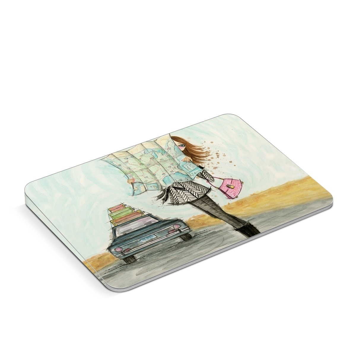 Apple Magic Trackpad Skin design of Fashion illustration, Sketch, Watercolor paint, Illustration, Drawing, Art, Footwear, Vehicle, Painting, Fashion design, with blue, black, gray, white, pink, brown, green, orange, yellow colors