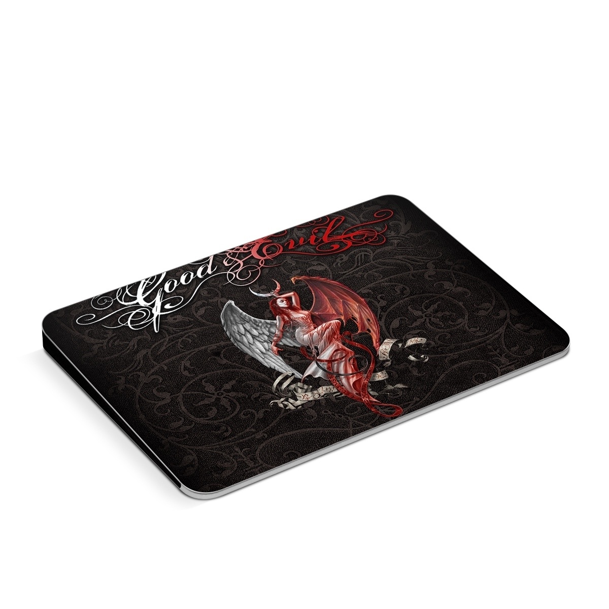 Apple Magic Trackpad Skin design of Illustration, Fictional character, Graphic design, Supernatural creature, Demon, Cg artwork, Art, Mythology, Angel, Wing, with black, white, red colors
