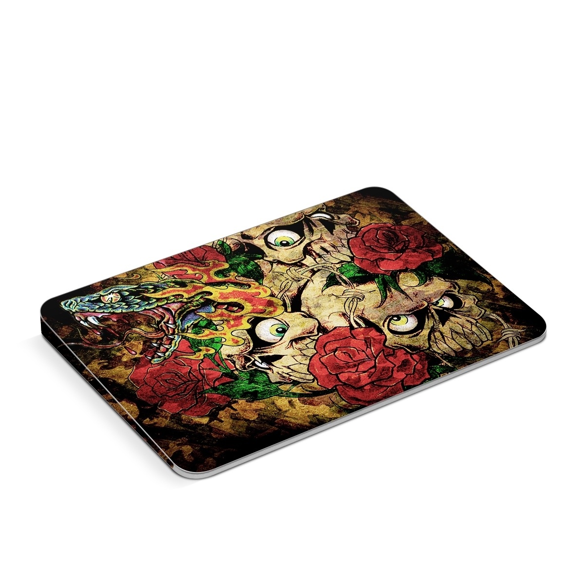 Apple Magic Trackpad Skin design of Illustration, Bouquet, Art, Skull, Plant, Rose, Flower, Graphic design, Fictional character, Floral design, with black, red, green, gray colors