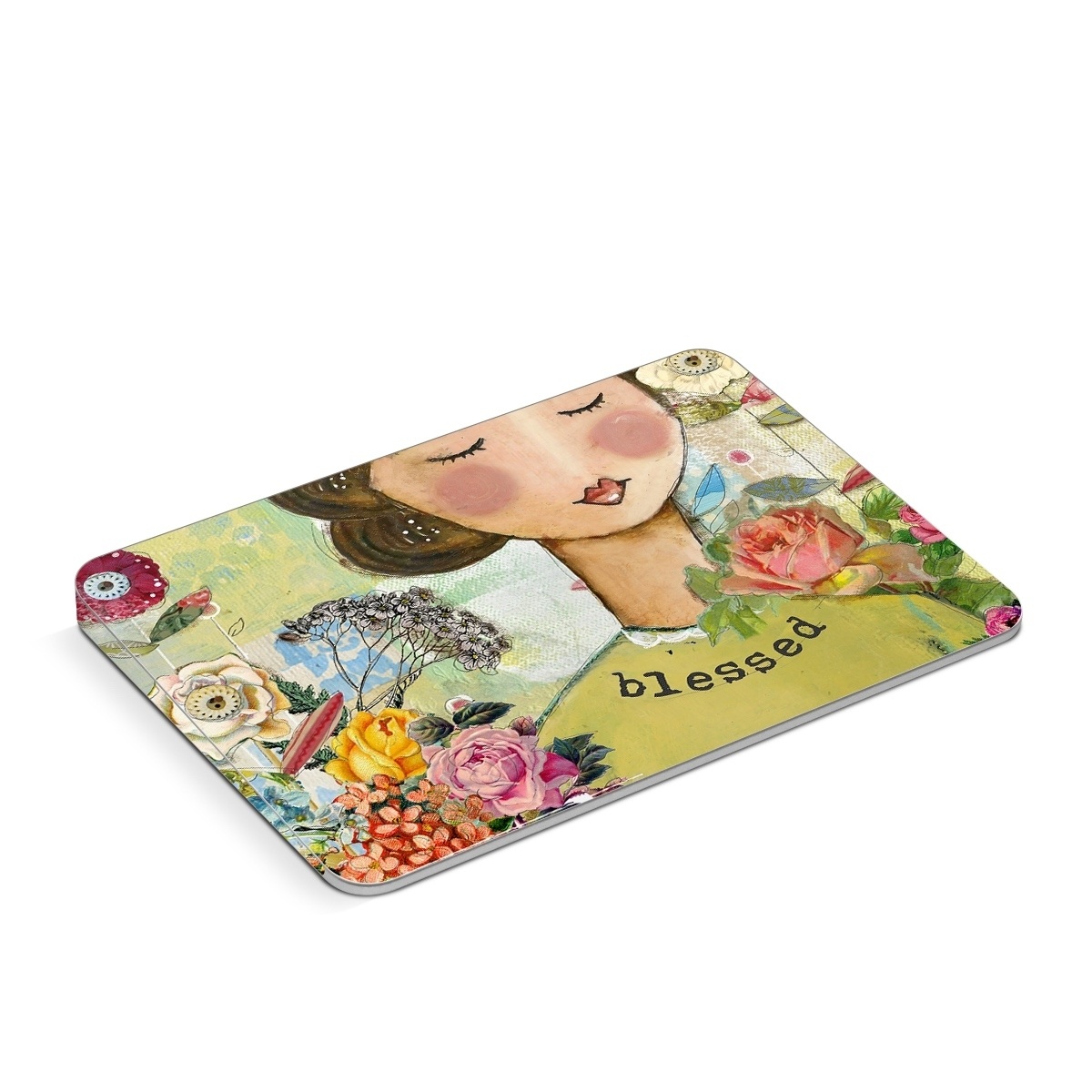 Apple Magic Trackpad Skin design of Illustration, Cheek, Art, Watercolor paint, Retro style, Painting, Plant, Flower, Fashion illustration, Fictional character, with pink, green, yellow, white, red, blue colors