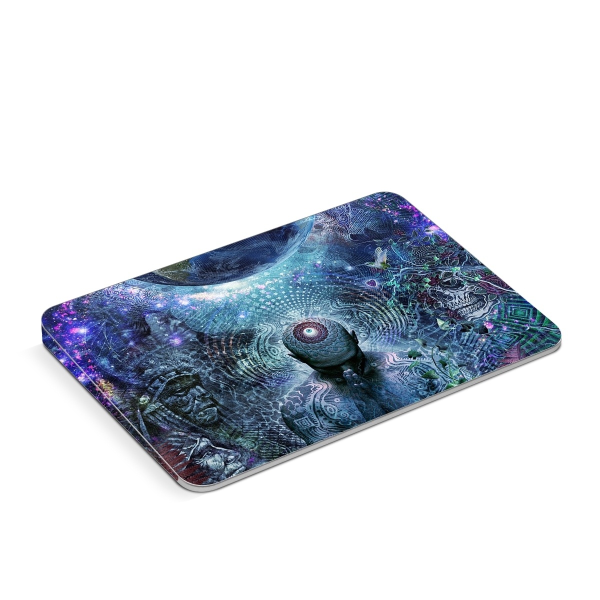 Apple Magic Trackpad Skin design of Psychedelic art, Fractal art, Art, Space, Organism, Earth, Sphere, Graphic design, Circle, Graphics, with blue, green, gray, purple, pink, black, white colors