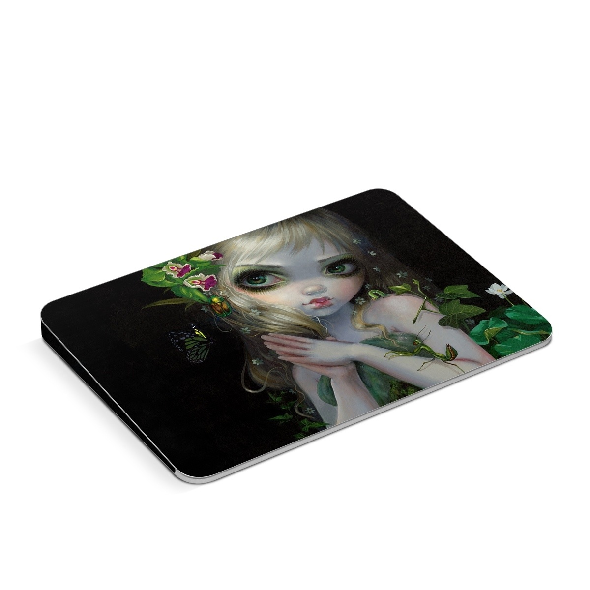 Apple Magic Trackpad Skin design of Green, Doll, Fictional character, Lip, Plant, Supervillain, Flower, Illustration, Ivy, Fawn, with black, white, green, red colors