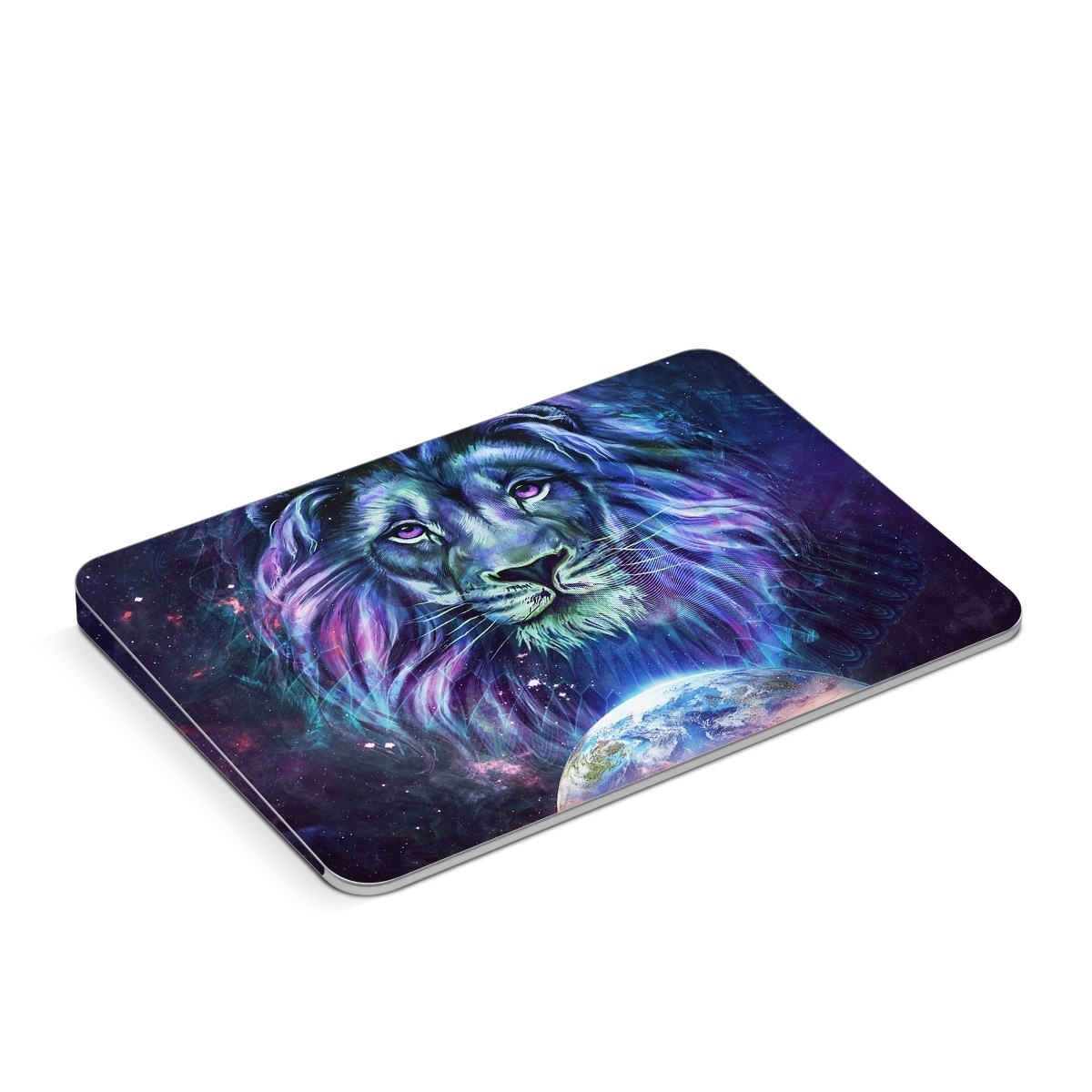 Apple Magic Trackpad Skin design of Lion, Felidae, Purple, Wildlife, Big cats, Illustration, Darkness, Space, Painting, Art, with purple, blue, green, black, white, red colors