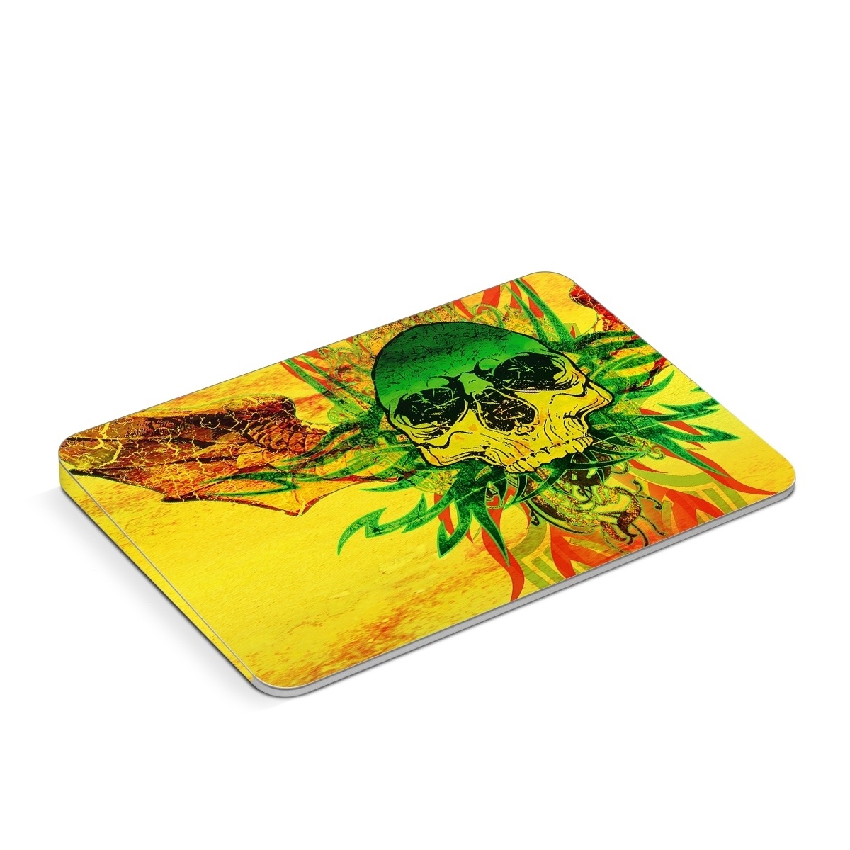 Apple Magic Trackpad Skin design of Psychedelic art, Skull, Illustration, Bone, Art, Graphic design, Visual arts, Poster, Plant, Painting, with green, orange, black, red colors