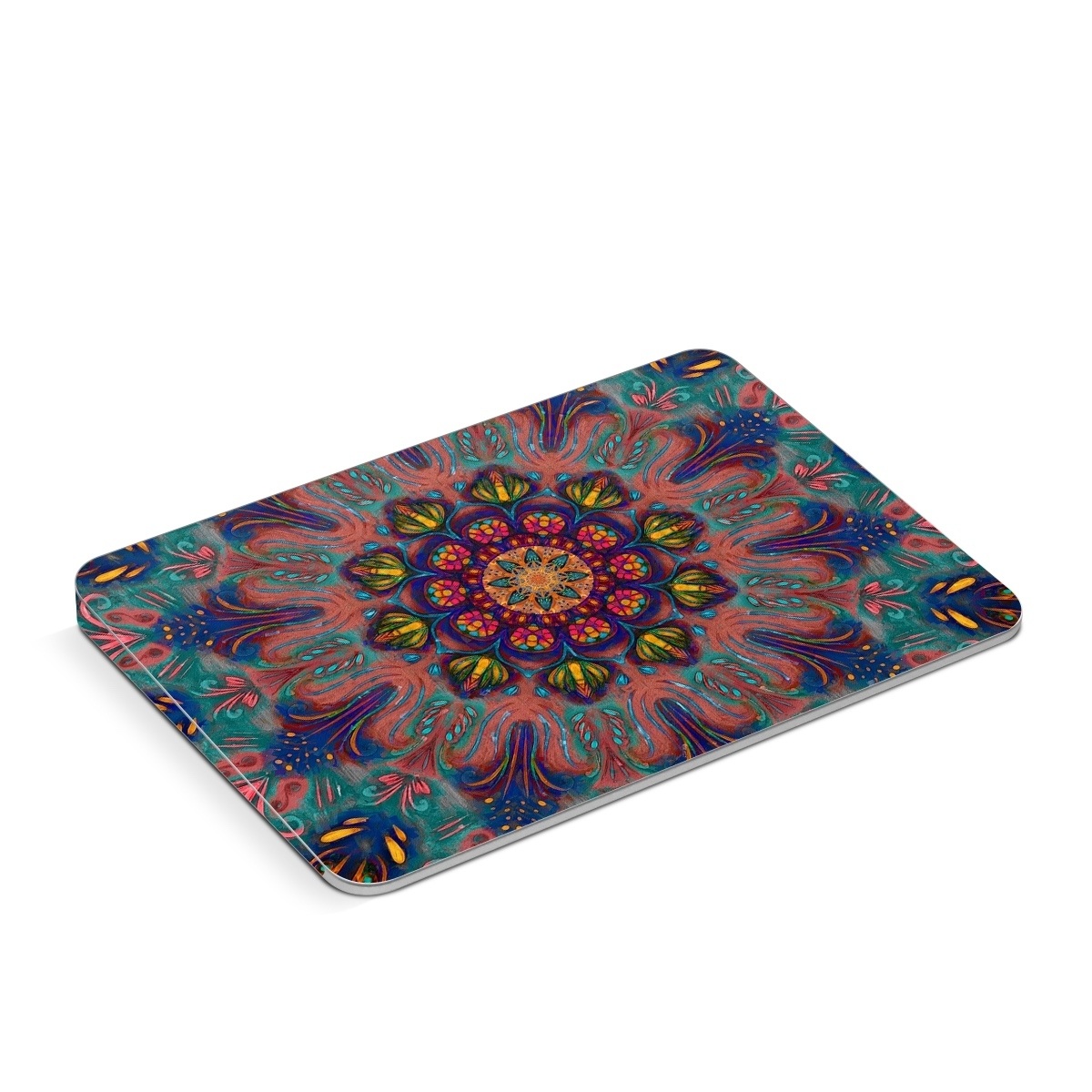 Apple Magic Trackpad Skin design of Psychedelic art, Pattern, Art, Textile, Symmetry, Visual arts, Design, Fractal art, Kaleidoscope, Tapestry, with blue, yellow, red, green, pink, green colors