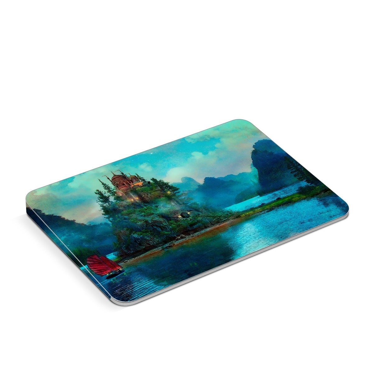 Apple Magic Trackpad Skin design of Nature, Natural landscape, Sky, Painting, Landscape, Illustration, Watercolor paint, Art, Calm, Water castle, with black, gray, blue, green colors