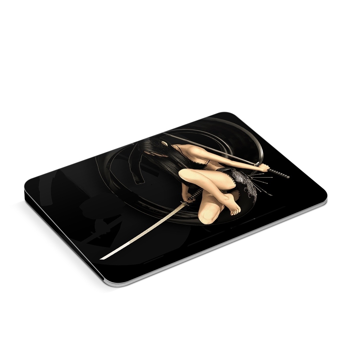 Apple Magic Trackpad Skin design of Black, Photography, Leg, Black hair, Cg artwork, Darkness, Fetish model, Sitting, Flash photography, with black, yellow, gray, white colors