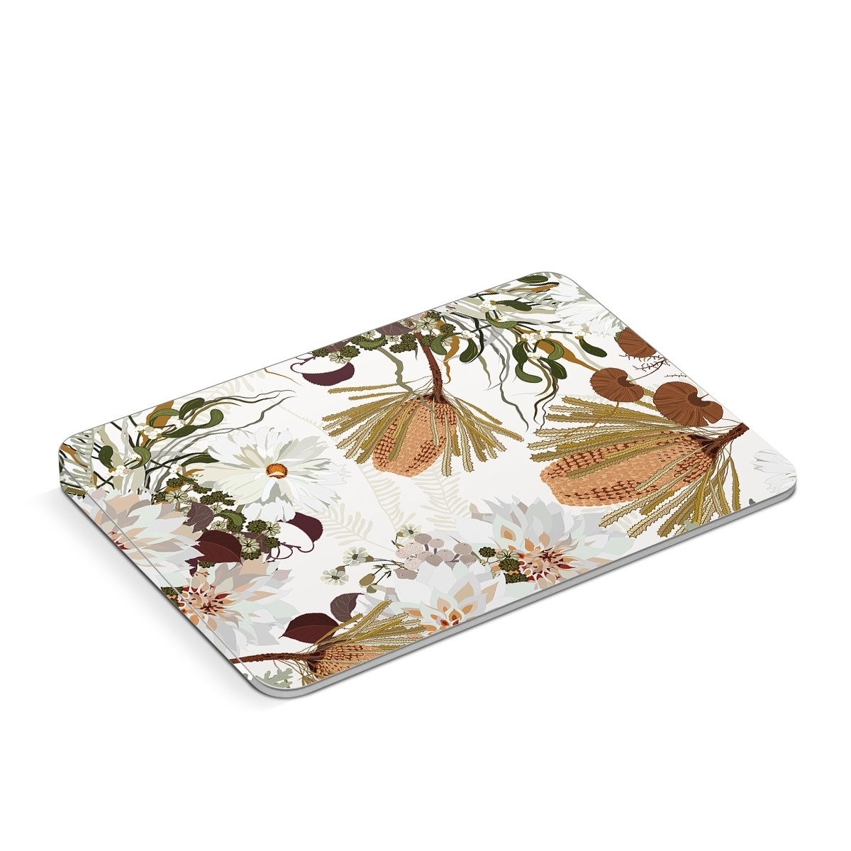 Apple Magic Trackpad Skin design of Flower, Botany, Plant, Floral design, Wildflower, Pattern, Wallpaper, Textile, Petal, Butterfly, with white, brown, green, gray colors