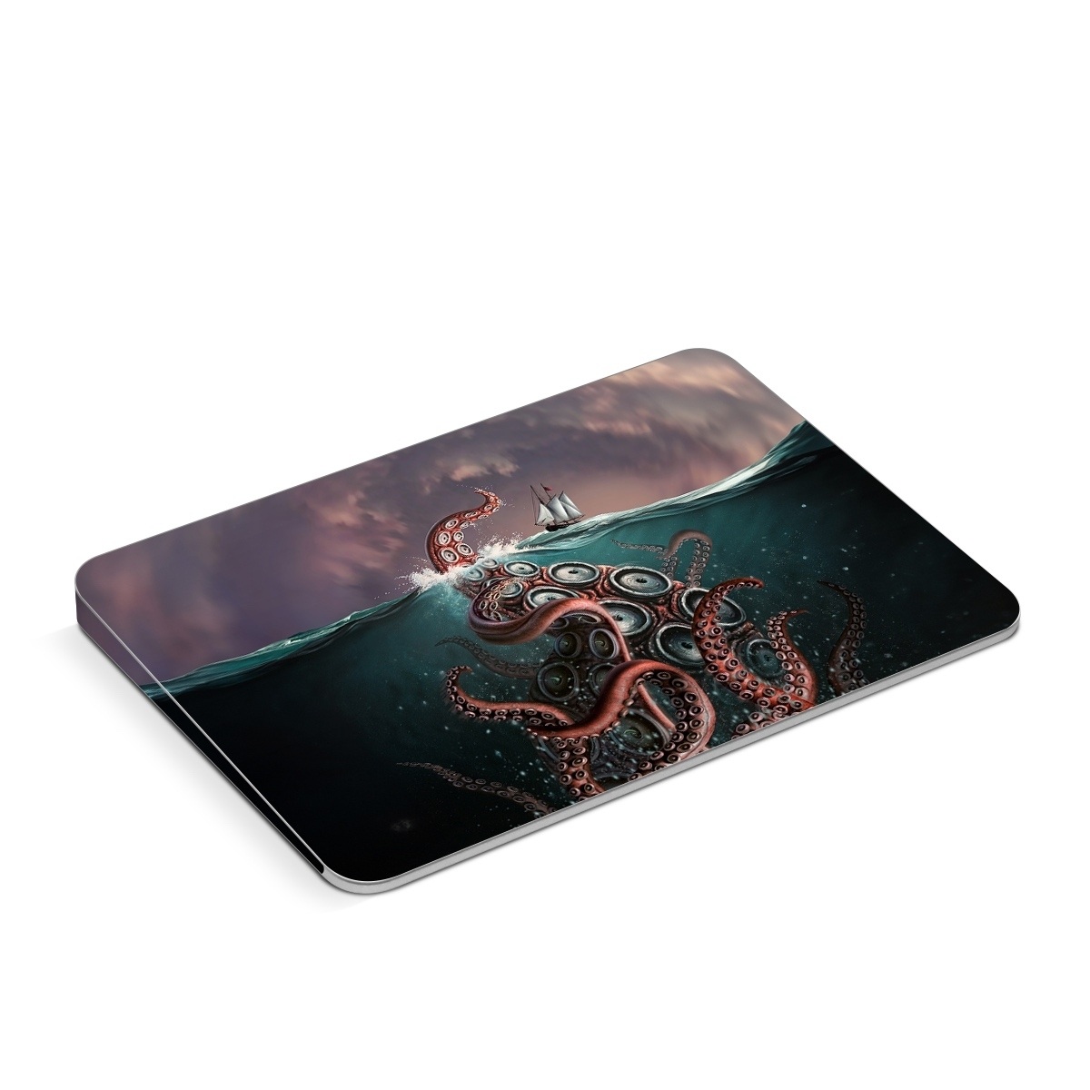 Apple Magic Trackpad Skin design of Octopus, Water, Illustration, Wind wave, Sky, Graphic design, Organism, Cephalopod, Cg artwork, giant pacific octopus, with blue, gray, white, brown, red colors