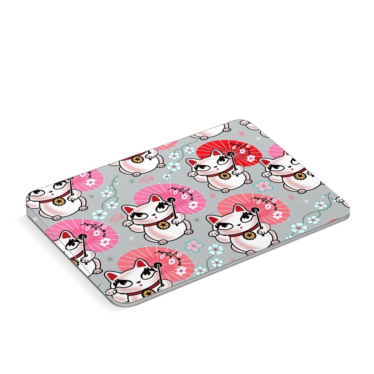 Apple Magic Trackpad Skin design of Pink, Red, Cartoon, Design, Line, Textile, Pattern, Illustration, Smile, Fictional character, with white, red, pink, gray, blue, black colors