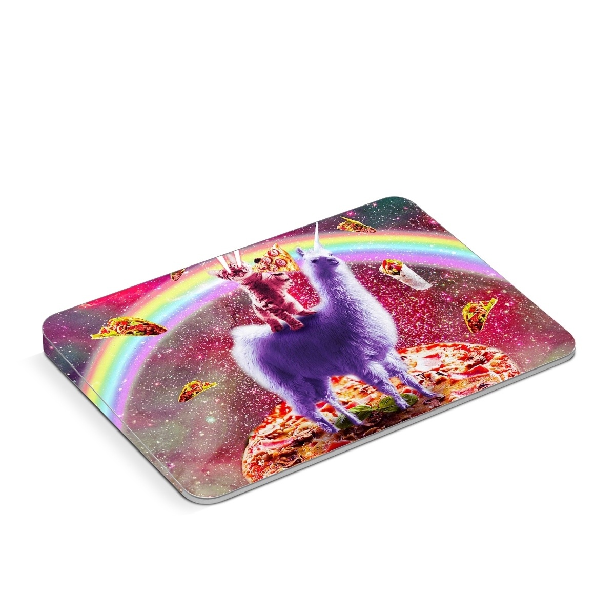 Apple Magic Trackpad Skin design of Llama, Unicorn, Fictional character, Illustration, Graphic design, Livestock, Camelid, Mythical creature, Graphics, Art, with red, white, yellow, gray, purple, blue, green colors