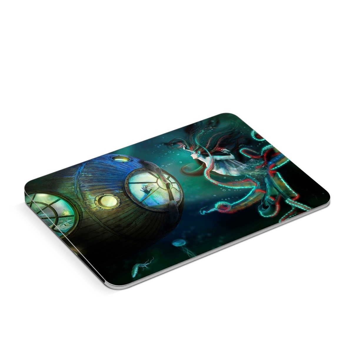 Apple Magic Trackpad Skin design of Cg artwork, Illustration, Art, Fictional character, Fiction, Space, Fractal art, Graphic design, Mythology, Graphics, with black, gray, blue, green colors