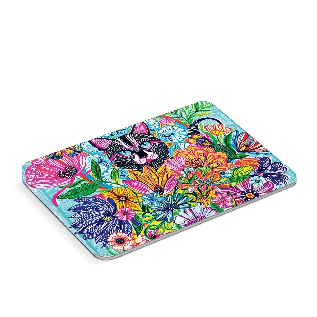 Apple Magic Trackpad Skin design of Visual arts, Art, Plant, Illustration, Pattern, Floral design, Flower, Wildflower, with white, blue, pink, black, green, yellow colors