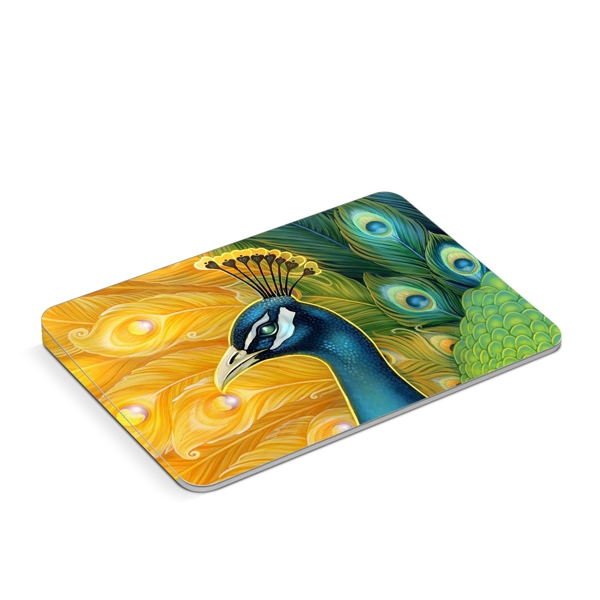 Apple Magic Trackpad Skin design of Bird, Peafowl, Phasianidae, Beak, Organism, Art paint, Galliformes, Art, Feather, Painting, with yellow, orange, green, blue, white, black colors