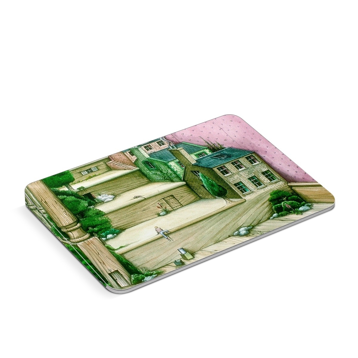 Apple Magic Trackpad Skin design of Green, Stairs, House, Watercolor paint, Home, Illustration, Building, Wood, Plant, Sketch, with pink, green, brown colors