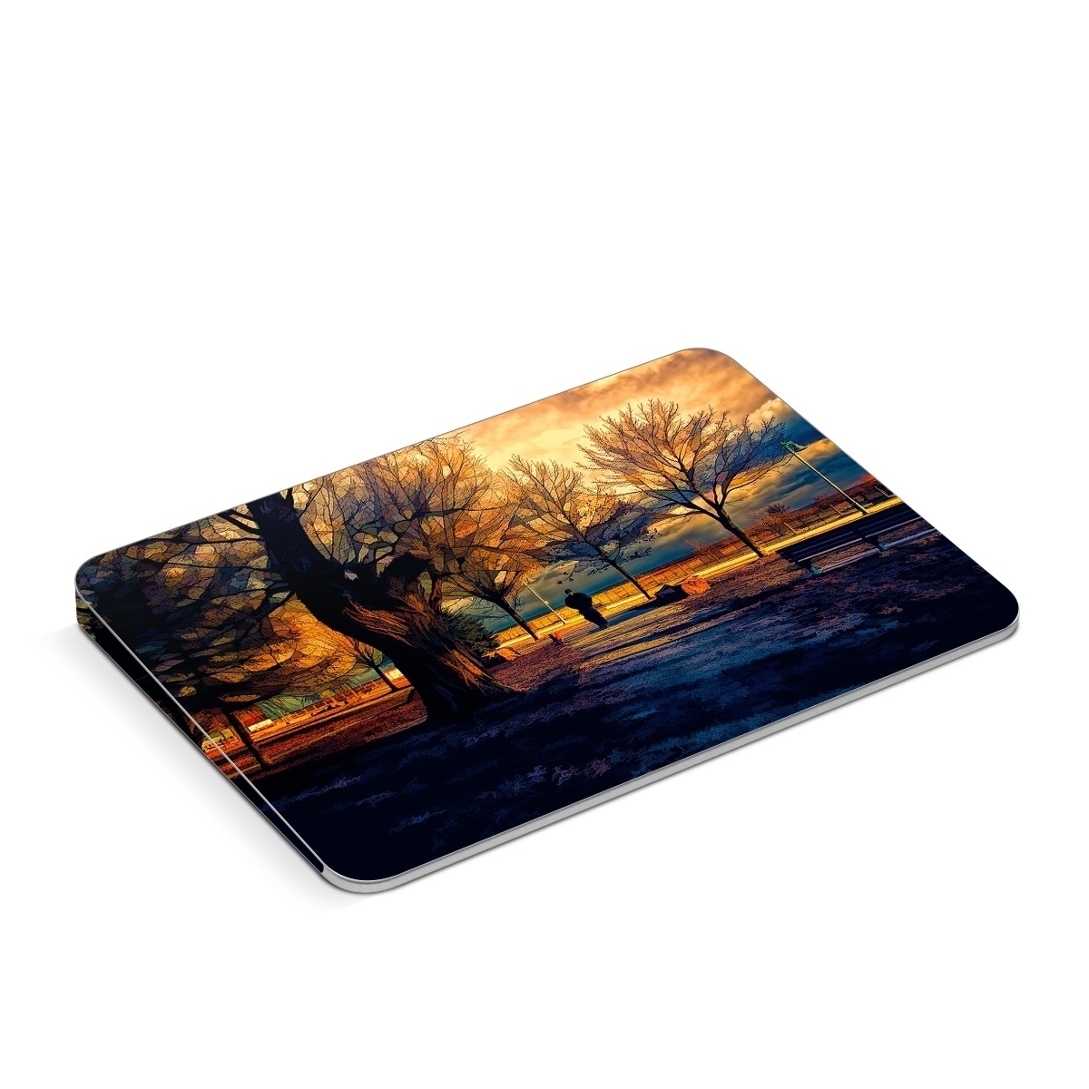 Apple Magic Trackpad Skin design of Sky, Nature, Natural landscape, Tree, Cloud, Sunset, Evening, Morning, Sunrise, Horizon, with black, brown, yellow, orange, blue colors
