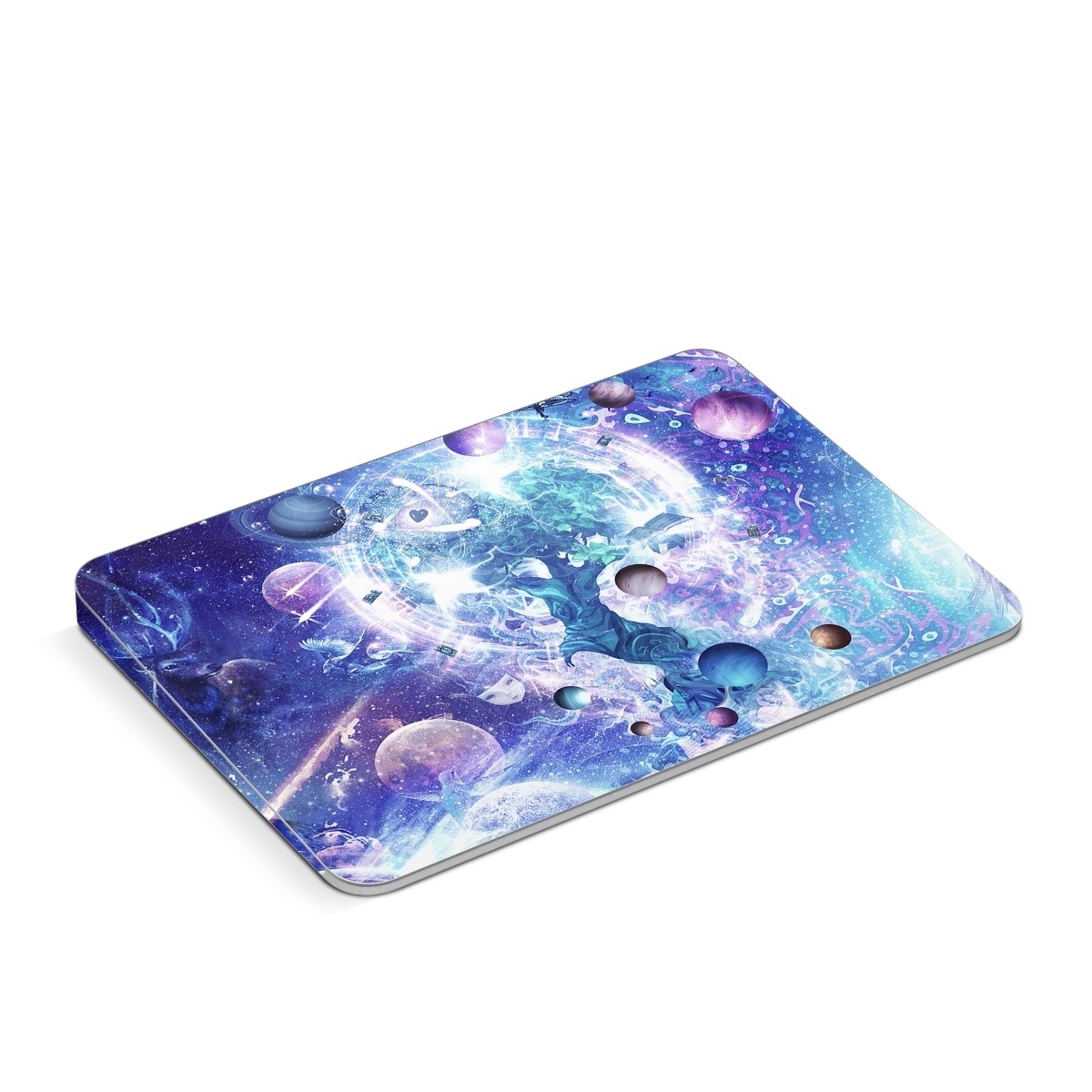 Apple Magic Trackpad Skin design of Bird, Butterfly, Planets, Deer, Space, Purple, World, Astronomical Object, Cg Artwork, Illustration, Universe, Painting, Fictional Character, Outer Space, Astronomy, Science, Water Feature, Graphic Design, Graphics, Star, Mythology, with blue, purple, white, black, gray, green colors