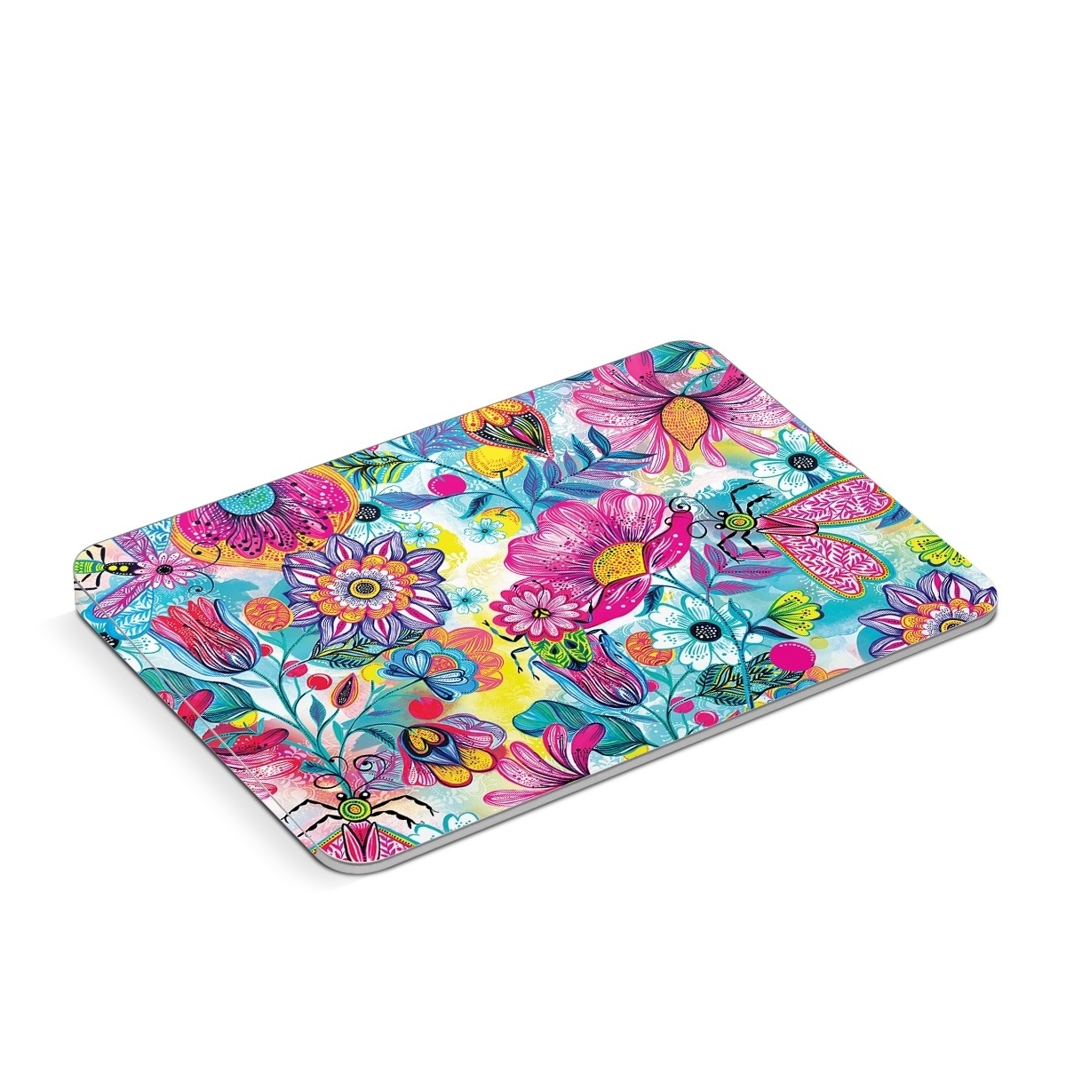 Apple Magic Trackpad Skin design of Pattern, Floral design, Textile, Design, Flower, Wildflower, Visual arts, Plant, Wrapping paper, with blue, pink, purple, green, yellow, orange, white colors