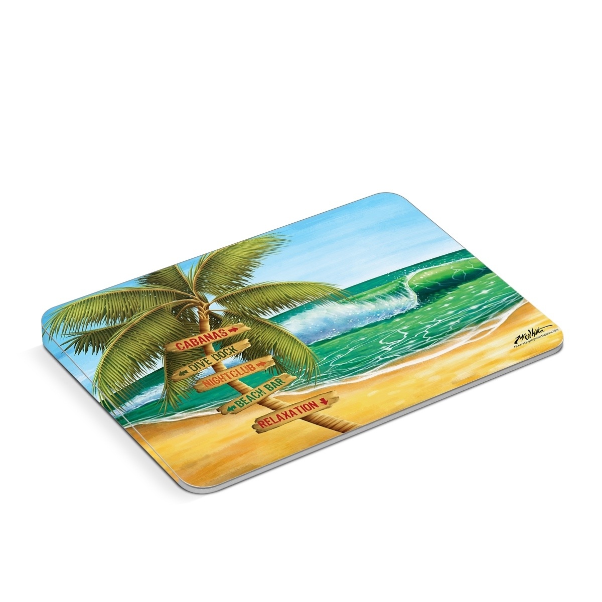Apple Magic Trackpad Skin design of Palm tree, Arecales, Tropics, Tree, Caribbean, Wave, Water, Coconut, Ocean, Elaeis, with green, purple, gray, black, blue colors
