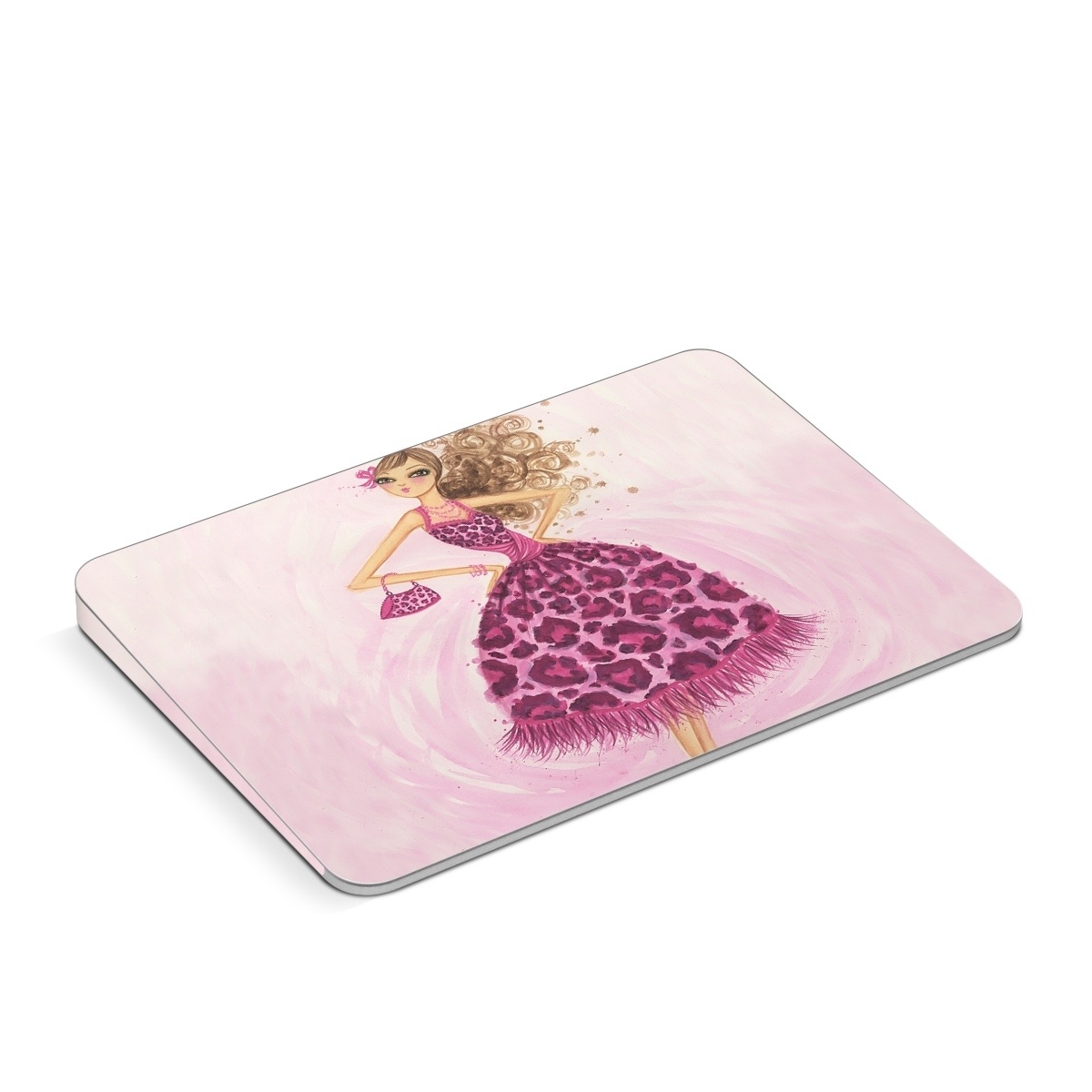 Apple Magic Trackpad Skin design of Pink, Doll, Dress, Fashion illustration, Barbie, Fashion design, Illustration, Gown, Costume design, Toy, with pink, gray, red, purple, green colors