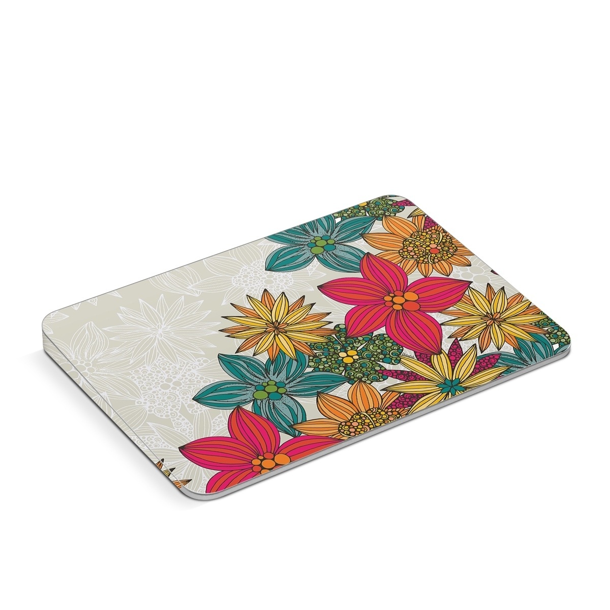 Apple Magic Trackpad Skin design of Floral design, Pattern, Flower, Wildflower, Plant, Botany, Leaf, Design, Textile, Visual arts, with blue, yellow, red, green, orange, gray colors