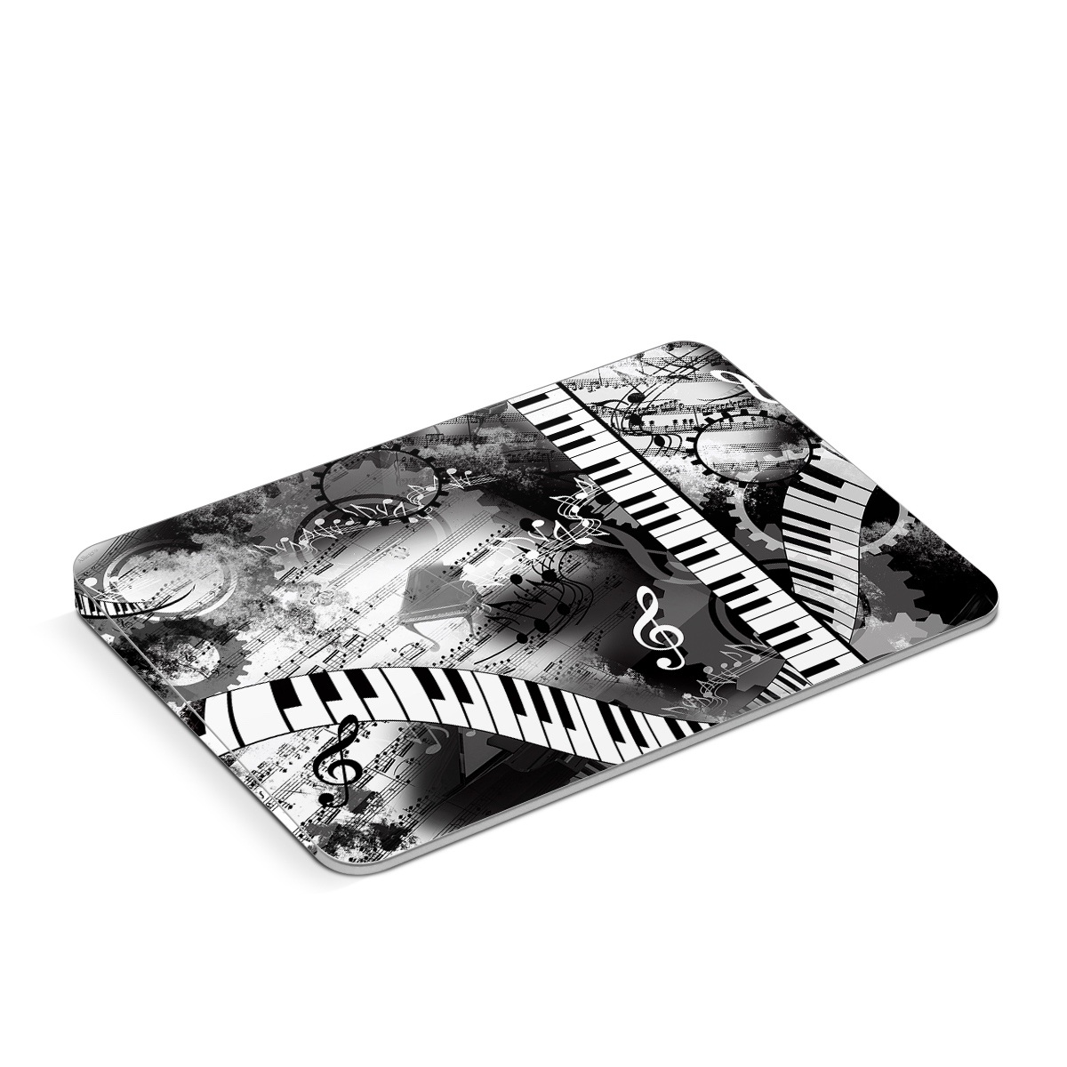 Apple Magic Trackpad Skin design of Music, Monochrome, Black-and-white, Illustration, Graphic design, Musical instrument, Technology, Musical keyboard, Piano, Electronic instrument, with black, gray, white colors