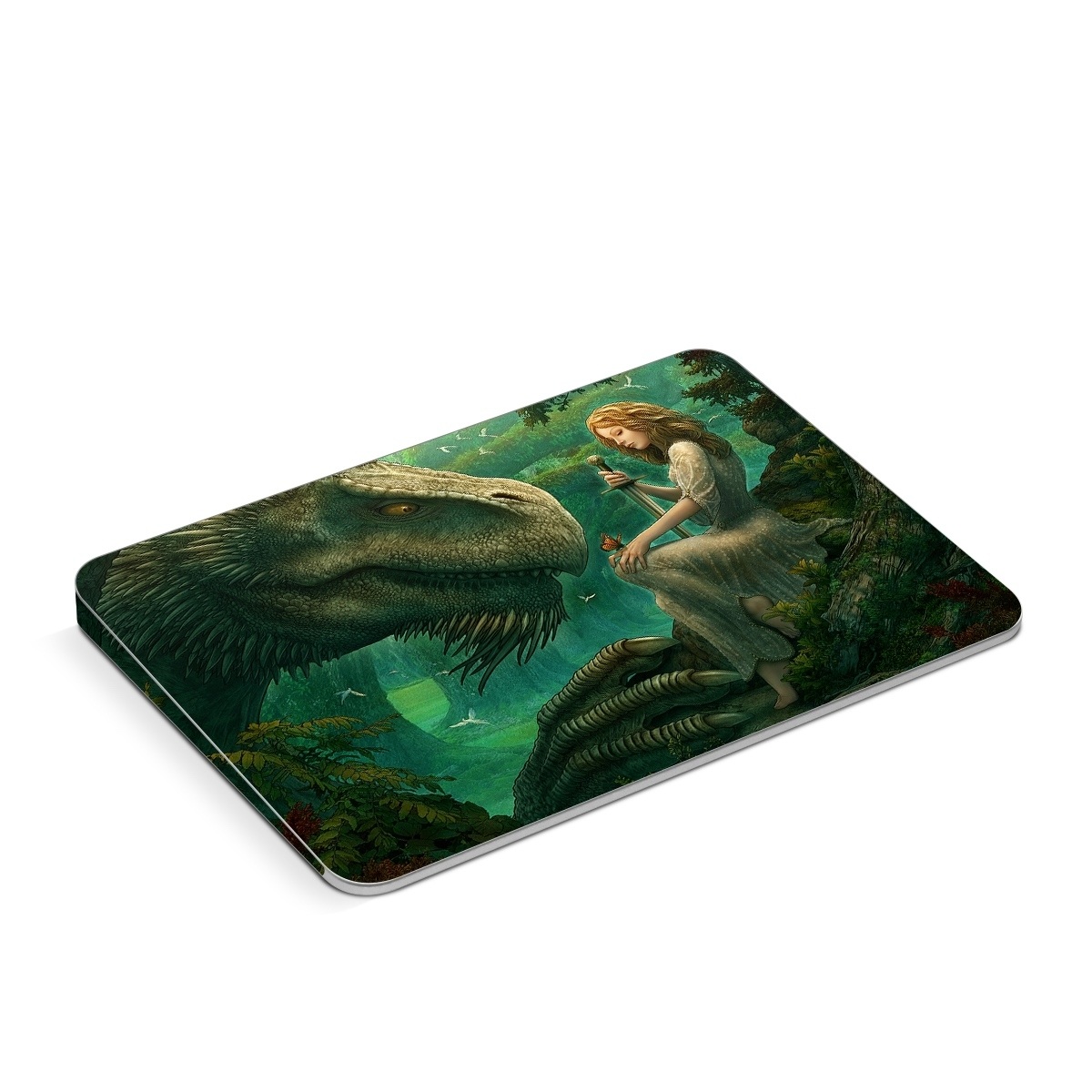 Apple Magic Trackpad Skin design of Dinosaur, Cg artwork, Mythology, Fictional character, Troodon, Extinction, Velociraptor, Illustration, Animated cartoon, Tyrannosaurus, with black, green, gray, red colors