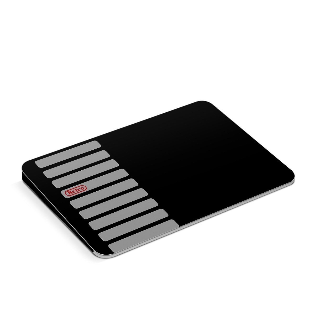 Apple Magic Trackpad Skin design of Text, Black, Font, Logo, Line, Design, Material property, Pattern, Brand, Technology, with black, gray, red colors