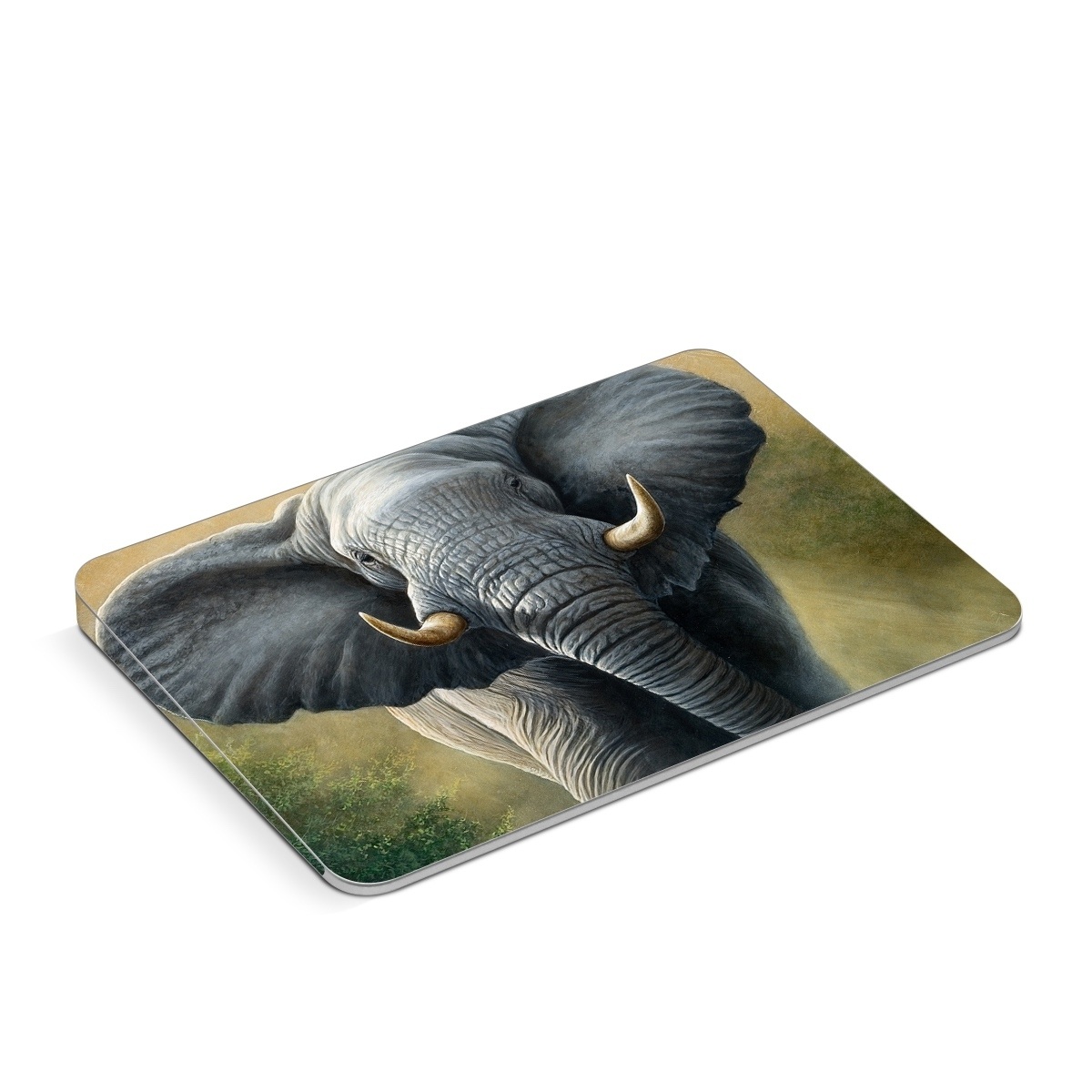 Apple Magic Trackpad Skin design of Terrestrial animal, Elephants and Mammoths, Vertebrate, Wildlife, Mammal, African elephant, Indian elephant, Grassland, Working animal, Tusk, with gray, white, green, brown, yellow, orange colors