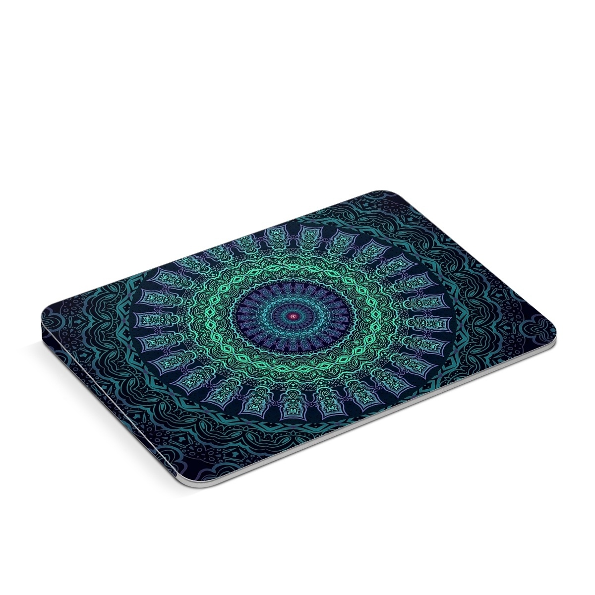 Apple Magic Trackpad Skin design of Colorfulness, Blue, Green, Pattern, Teal, Turquoise, Art, Electric Blue, Aqua, Circle, Majorelle Blue, Visual Arts, Fractal Art, Design, Symmetry, Psychedelic Art, Graphics, Kaleidoscope, Motif, with black, green, red colors