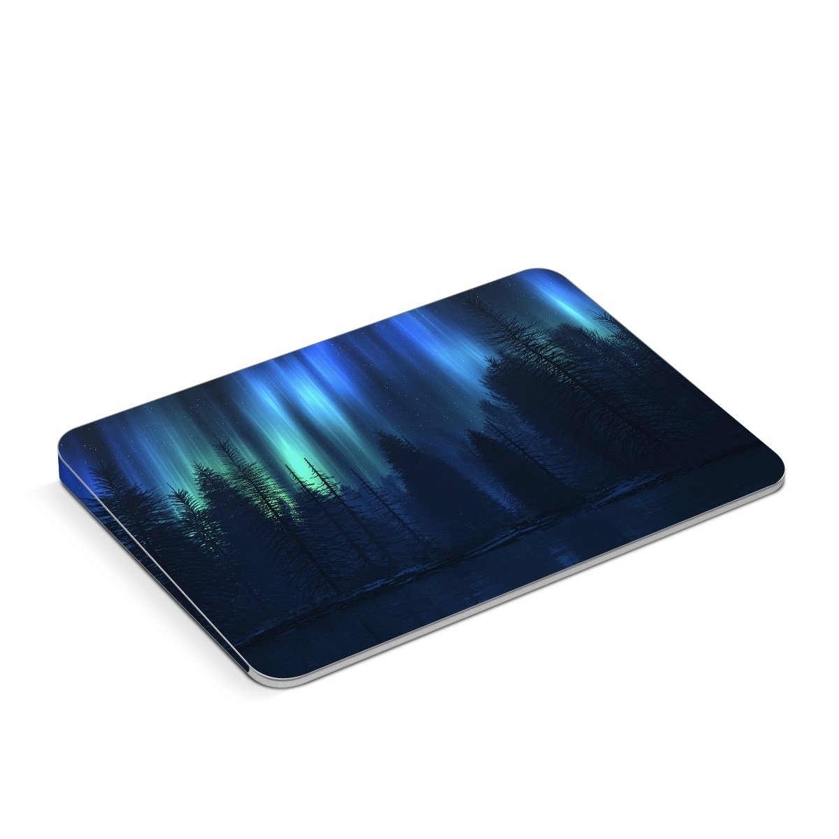 Apple Magic Trackpad Skin design of Blue, Light, Natural environment, Tree, Sky, Forest, Darkness, Aurora, Night, Electric blue, with black, blue colors
