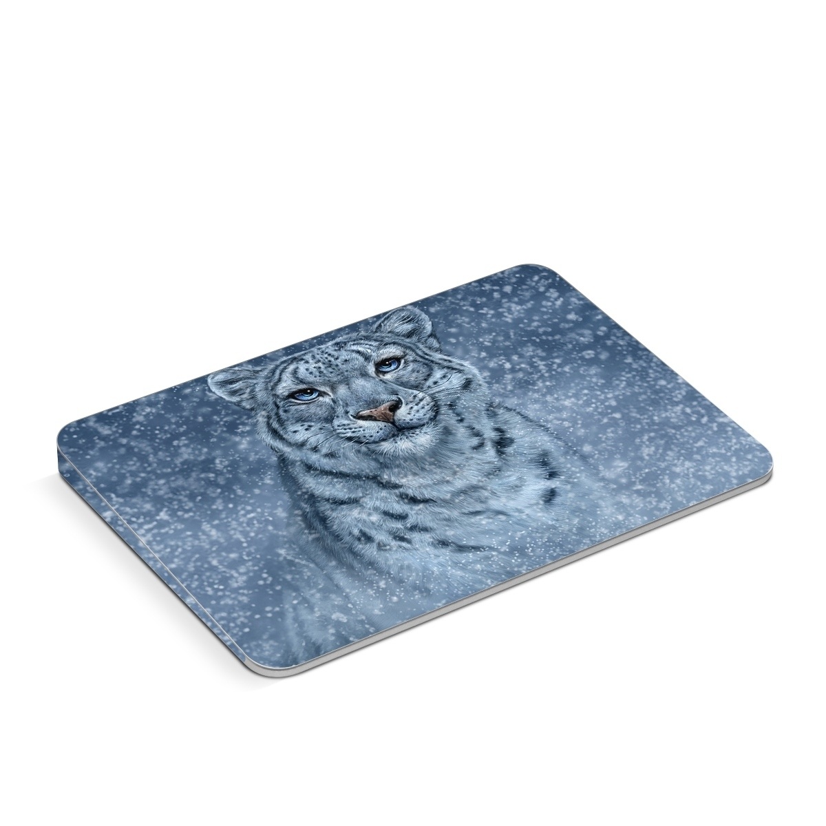 Apple Magic Trackpad Skin design of Snow, Carnivore, Felidae, Whiskers, Terrestrial animal, Snout, Big cats, Painting, Fur, Illustration, with white, black, blue, gray colors