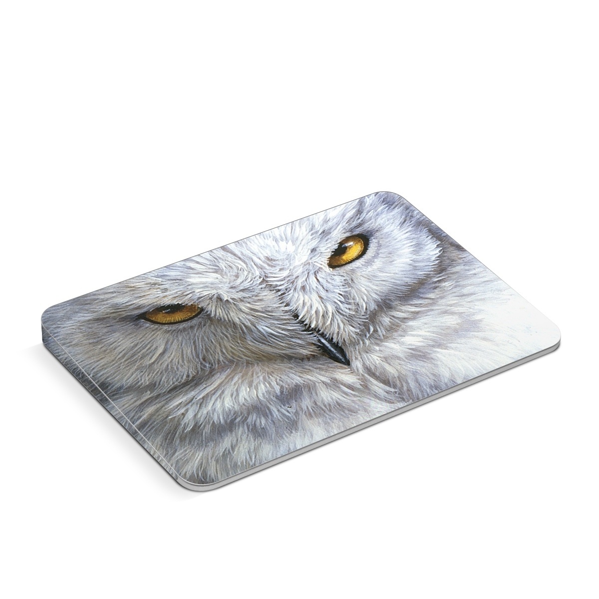 Apple Magic Trackpad Skin design of Owl, Bird, Bird of prey, Snowy owl, great grey owl, Close-up, Eye, Snout, Wildlife, Eastern Screech owl, with gray, white, black, blue, purple colors