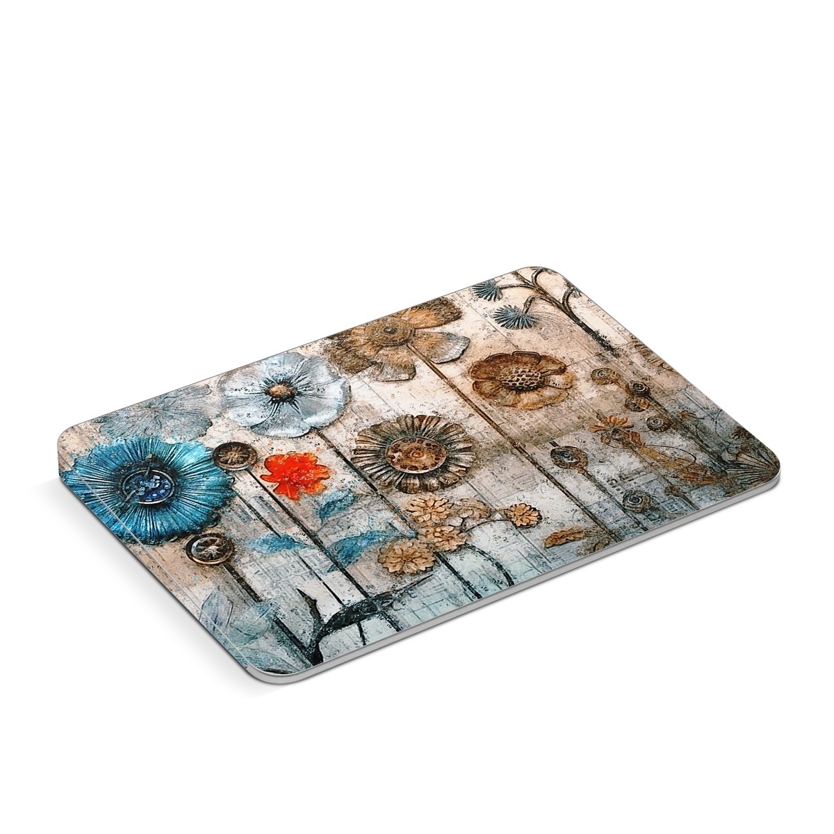 Apple Magic Trackpad Skin design of Plant, Blue, Petal, Textile, Paint, Flower, Art, Creative arts, Pattern, Rectangle, with white, brown, black, yellow, blue, red, gray colors