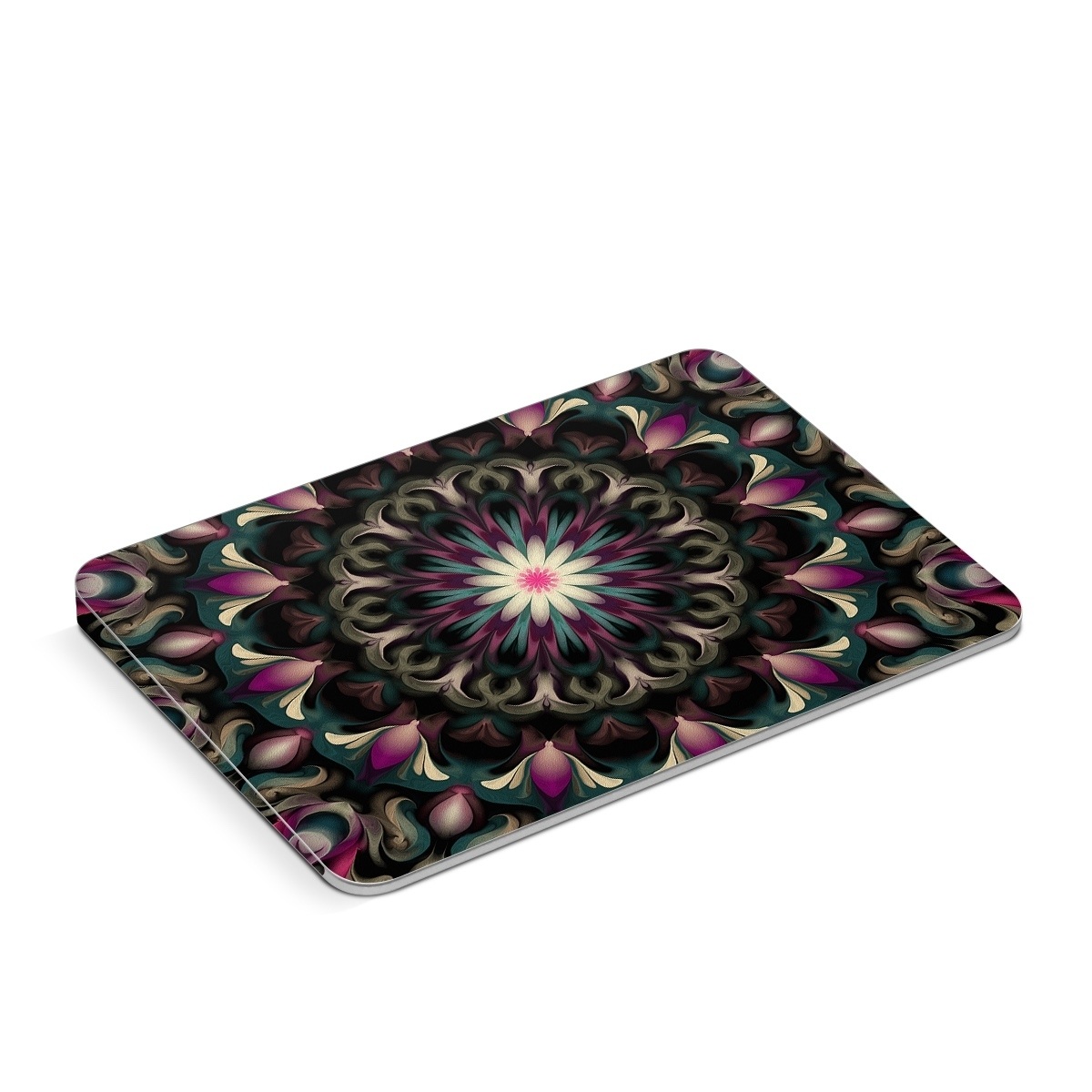 Apple Magic Trackpad Skin design of Fractal art, Pattern, Pink, Psychedelic art, Art, Kaleidoscope, Design, Symmetry, Visual arts, Textile, with black, purple, white, green, blue colors