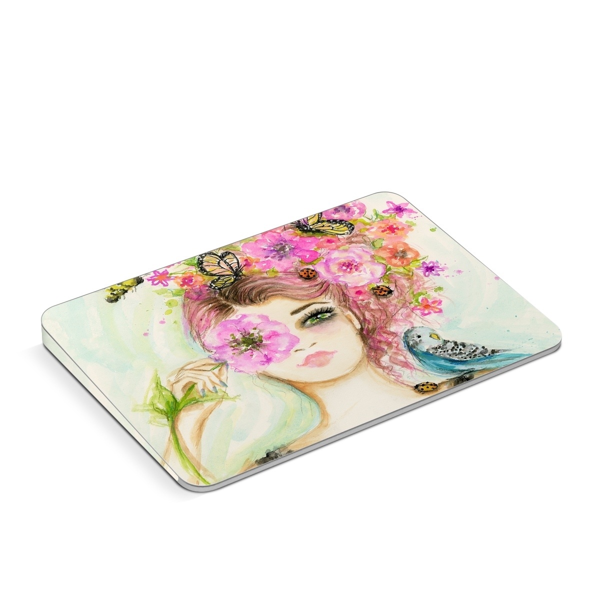 Apple Magic Trackpad Skin design of Face, Watercolor paint, Illustration, Pink, Head, Fashion illustration, Beauty, Art, Cheek, Painting, with white, pink, green, blue, yellow, red, brown colors