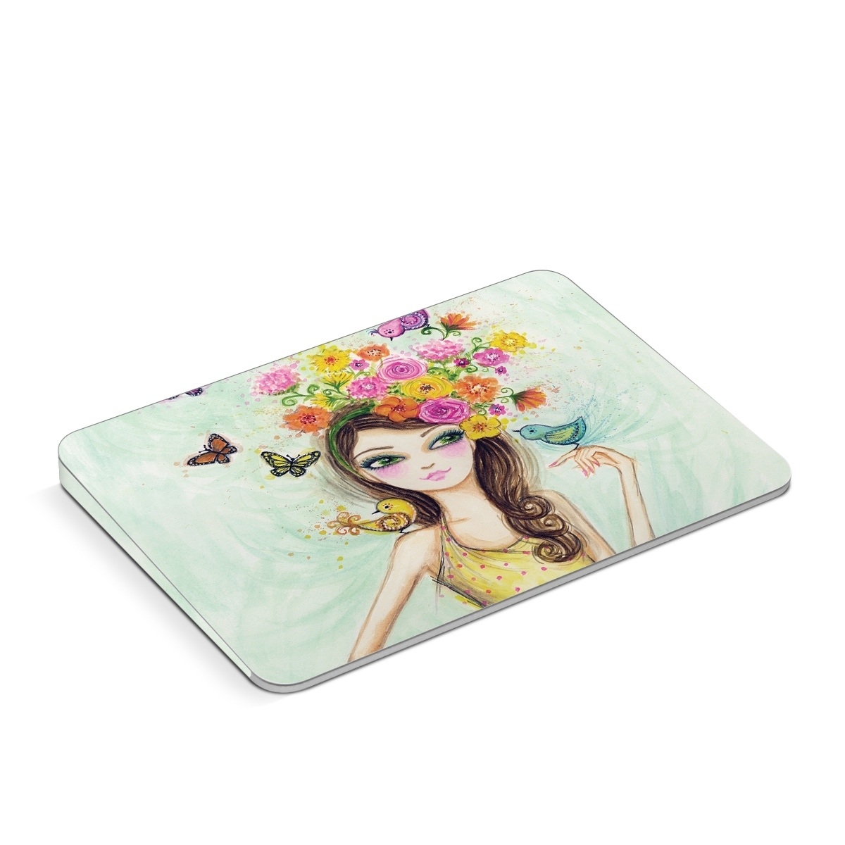 Apple Magic Trackpad Skin design of Pink, Illustration, Fashion illustration, Watercolor paint, Fictional character, Dress, Hair accessory, Wildflower, Costume, Plant, with blue, pink, yellow, orange, purple, brown, green colors