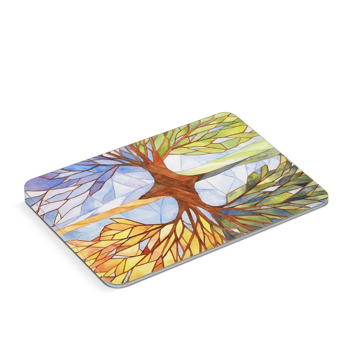 Apple Magic Trackpad Skin design of Leaf, Tree, Botany, Plant, Symmetry, Art, Pattern, Painting, Plant stem, Plane, with blue, brown, orange, yellow, red, purple colors
