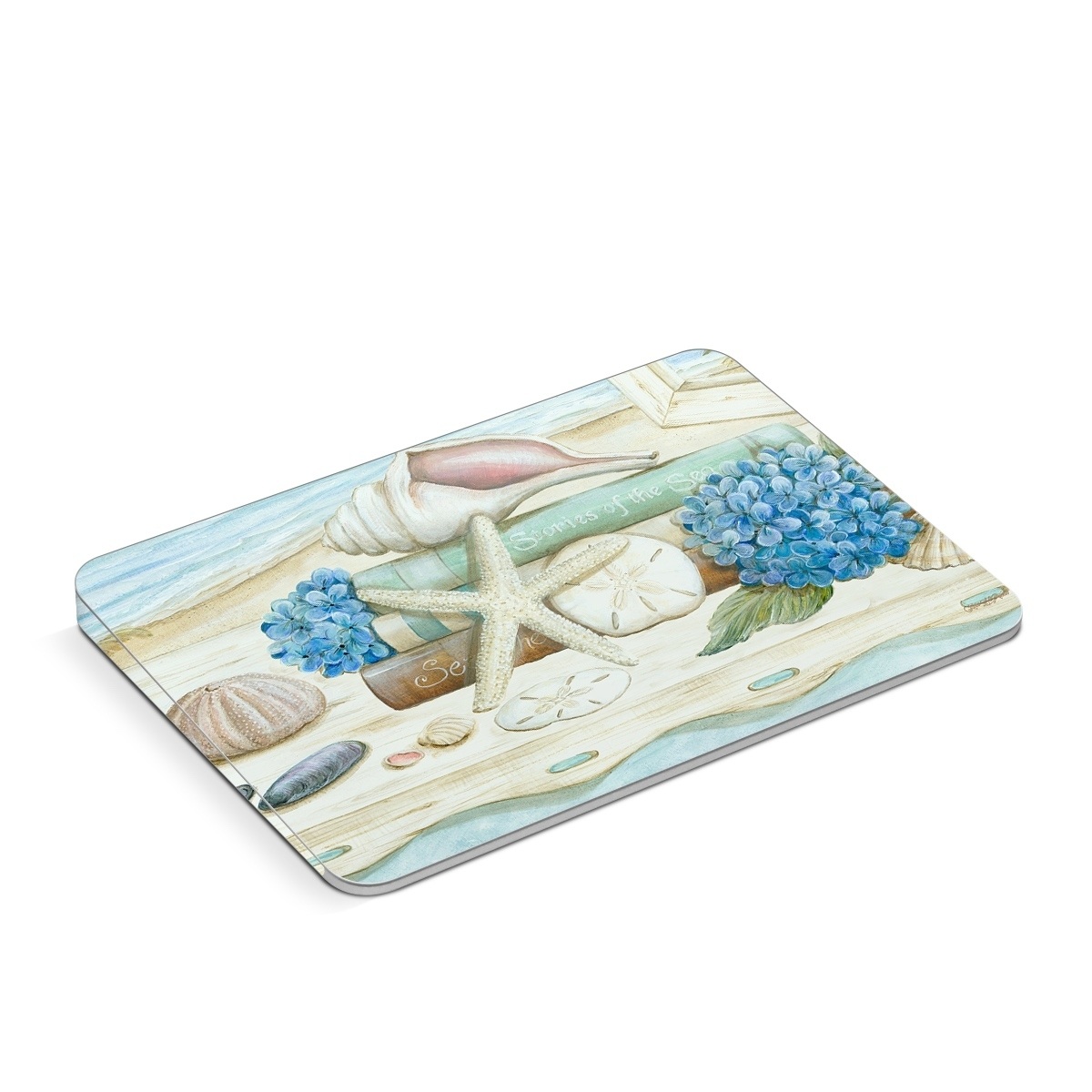 Apple Magic Trackpad Skin design of Starfish, Shell, Hydrangea, Plant, Flower, Still life, Echinoderm, Cornales, with gray, green, blue, yellow colors