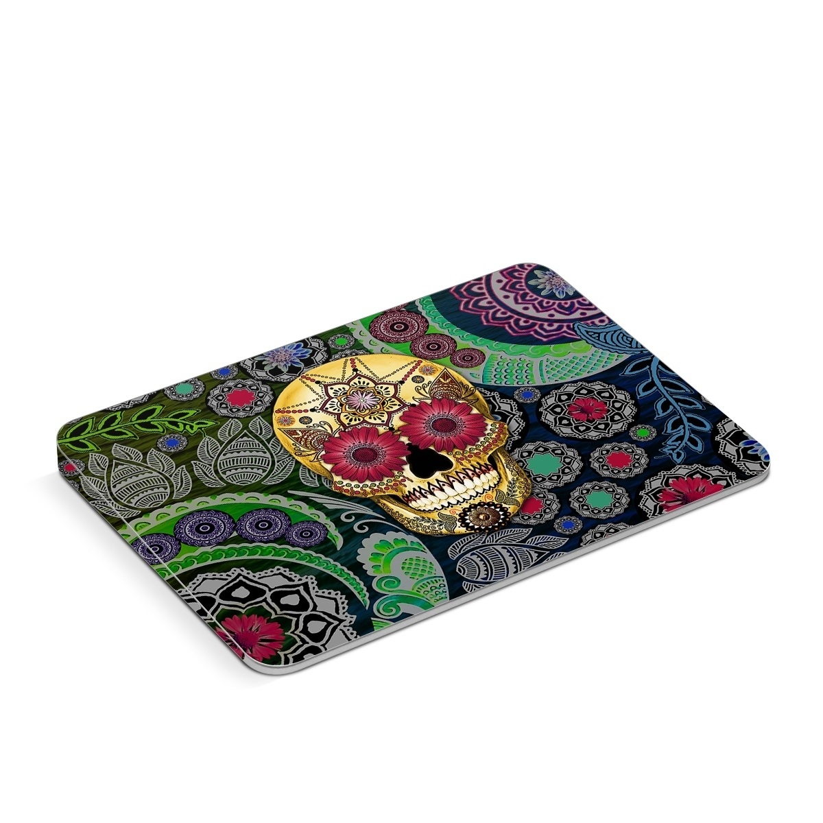 Apple Magic Trackpad Skin design of Skull, Bone, Pattern, Psychedelic art, Visual arts, Design, Illustration, Art, Textile, Plant, with black, red, gray, green, blue colors