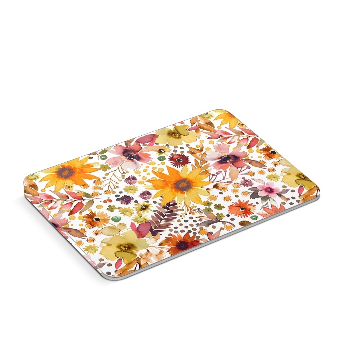 Apple Magic Trackpad Skin design of Flower, Plant, Petal, Botany, Textile, Orange, Line, Groundcover, Creative arts, Flowering plant, with white, yellow, pink, green, brown, orange colors
