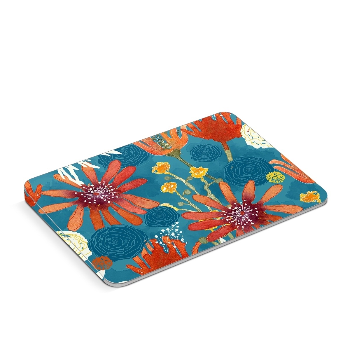 Apple Magic Trackpad Skin design of Pattern, Visual arts, Wrapping paper, Design, Wildflower, Floral design, Textile, Flower, Plant, Motif, with blue, red, gray, yellow, green colors