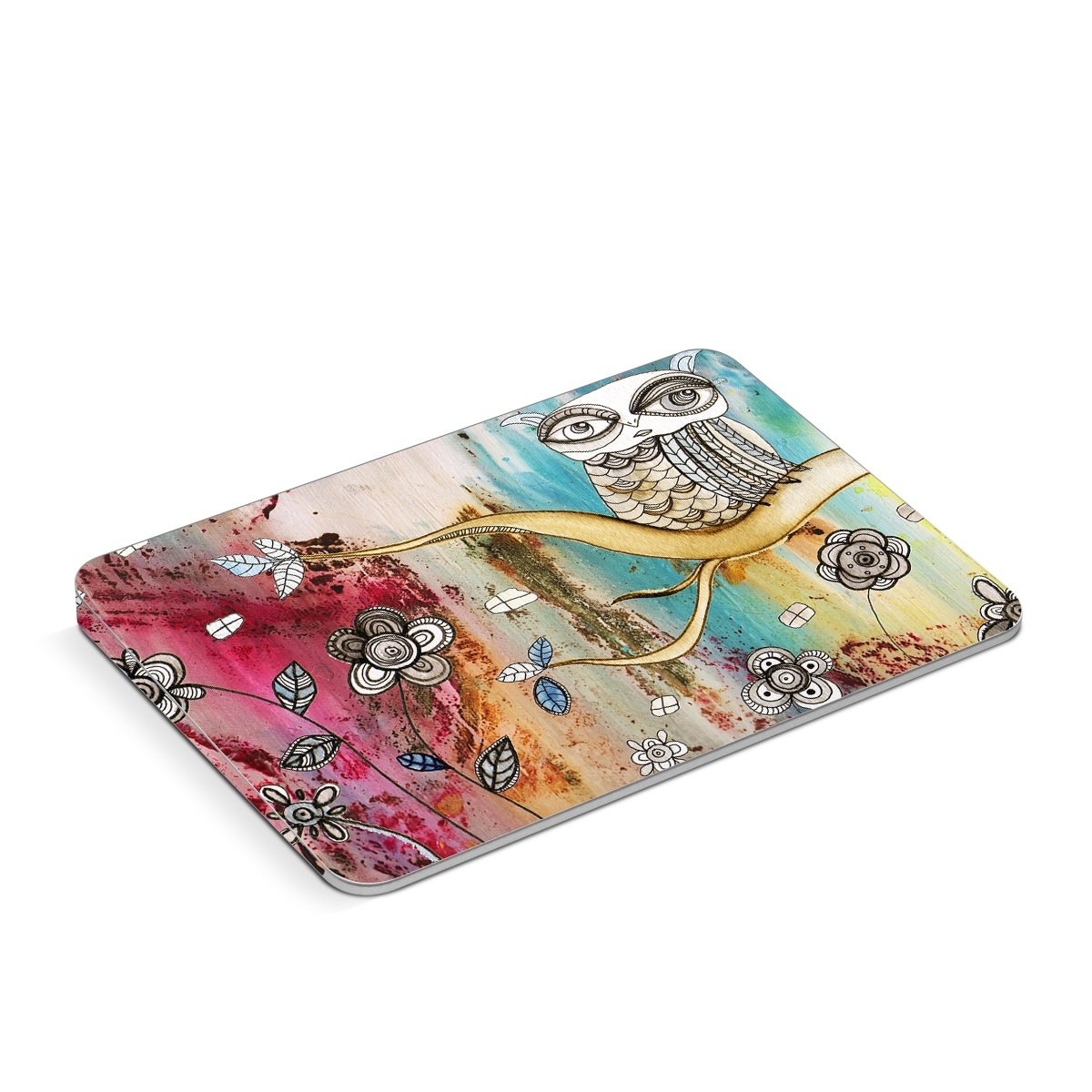 Apple Magic Trackpad Skin design of Owl, Pink, Illustration, Art, Visual arts, Watercolor paint, Organism, Modern art, Graphic design, Pattern, with gray, red, green, black, blue, purple colors