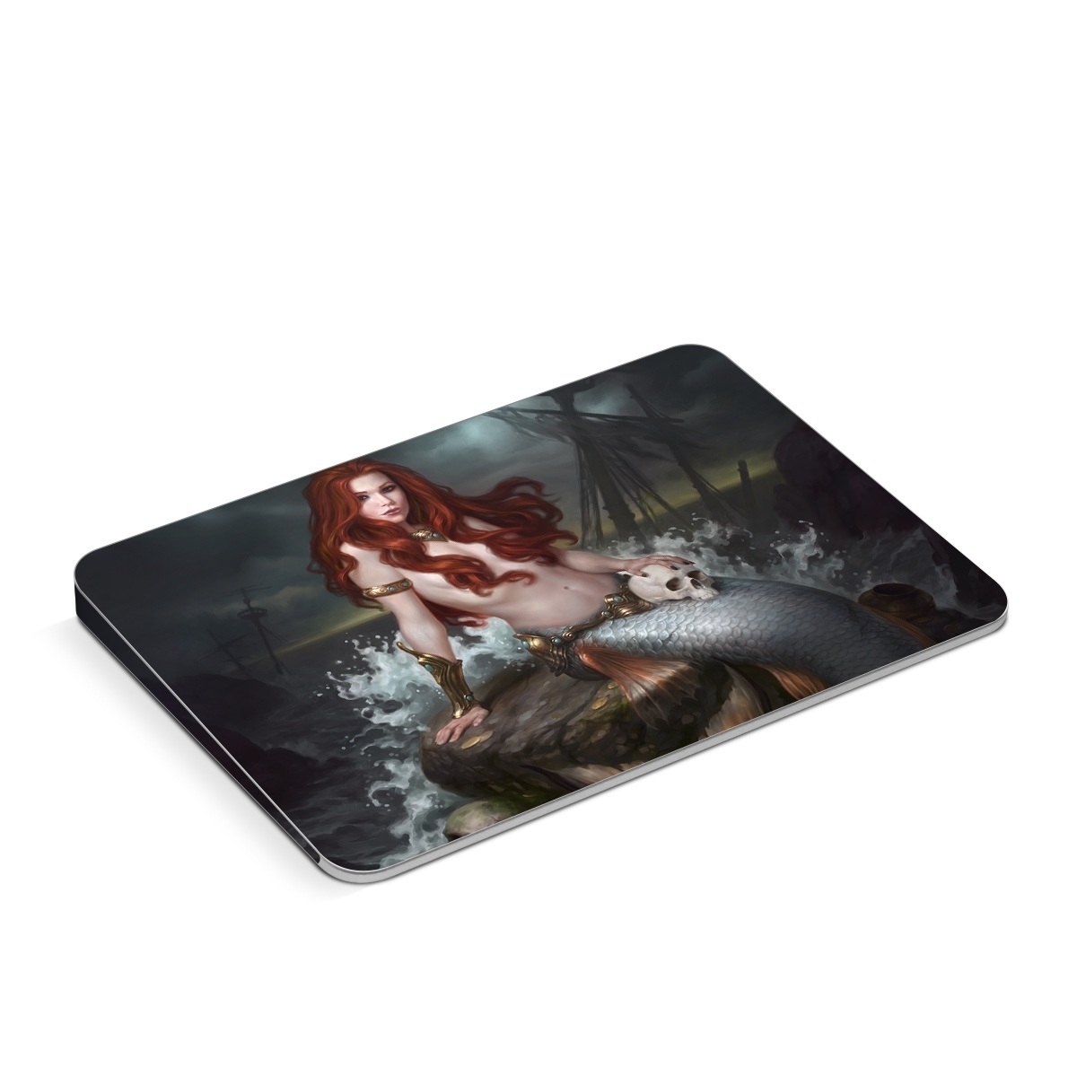 Apple Magic Trackpad Skin design of Mermaid, Cg artwork, Illustration, Fictional character, Mythology, Mythical creature, Art, Long hair, Woman warrior, Sitting, with black, brown, red, yellow, white, gray colors