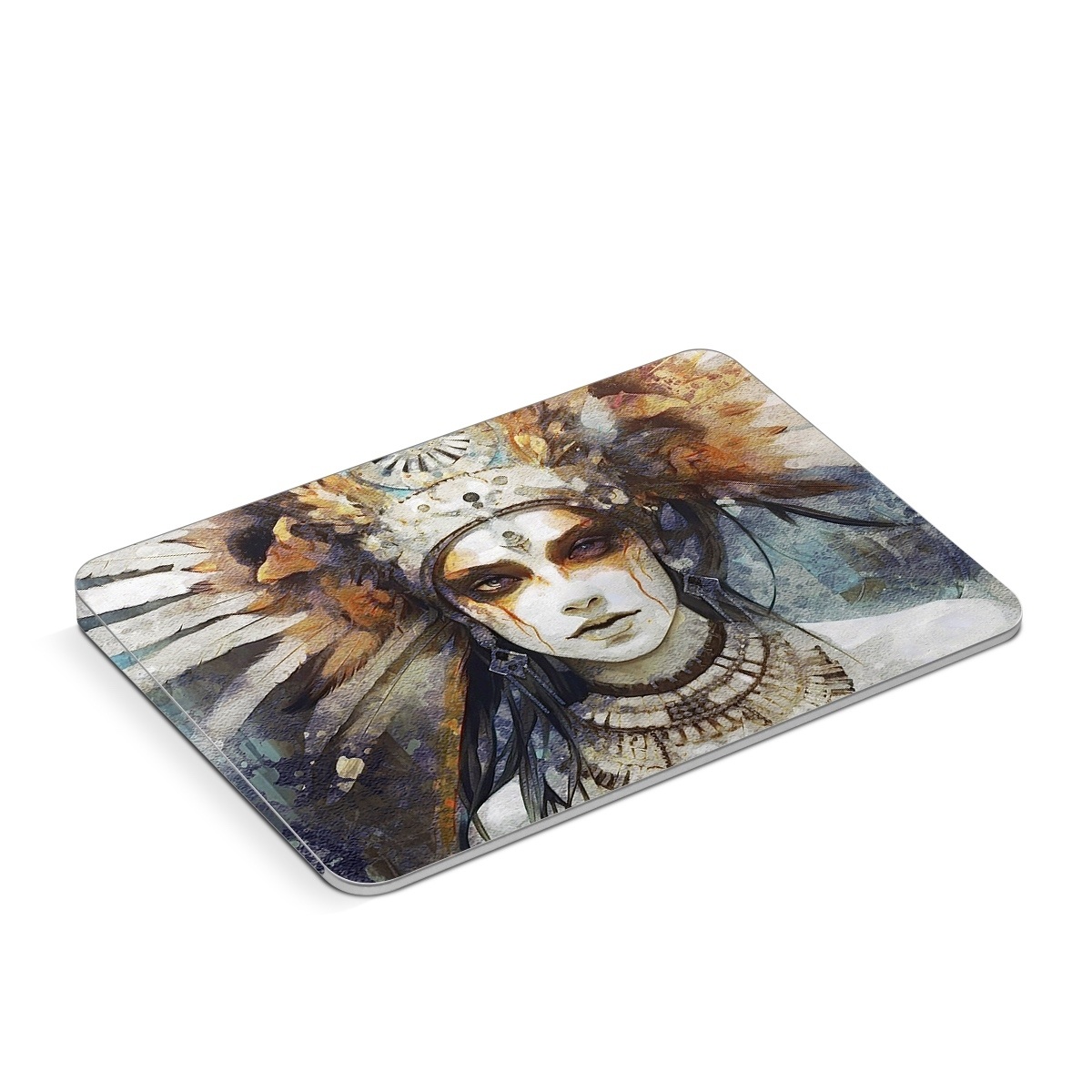 Apple Magic Trackpad Skin design of Eye, Paint, Eyelash, Painting, Art, Headpiece, Beauty, Feather, Illustration, Mask, with white, black, yellow, brown, gray, blue colors