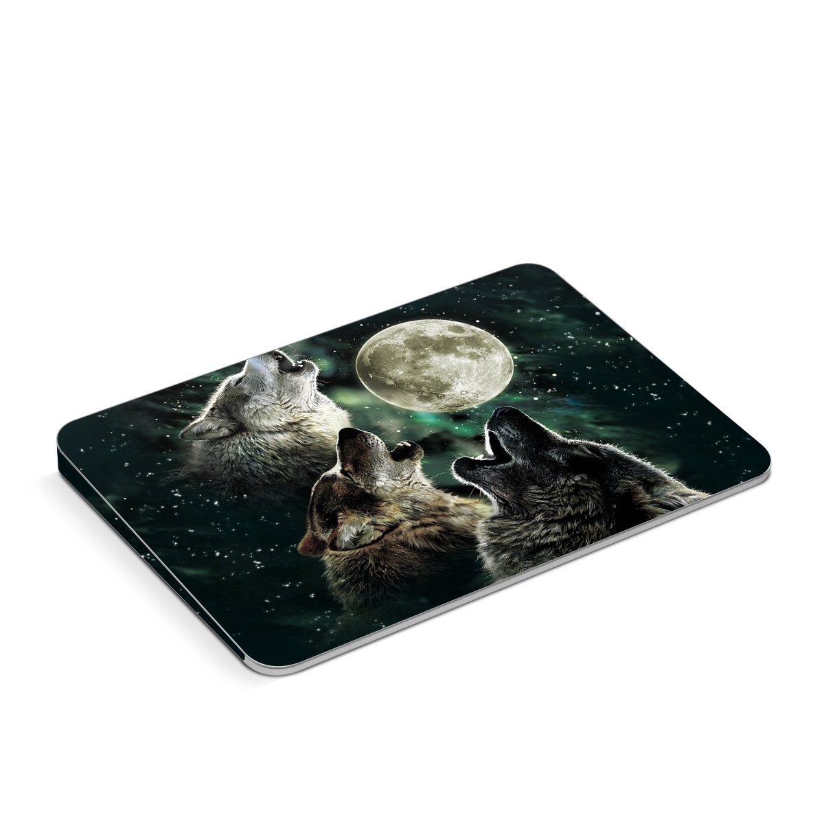 Apple Magic Trackpad Skin design of Wolf, Light, Astronomical object, Moon, Wildlife, Organism, Moonlight, Sky, Atmosphere, Celestial event, with black, gray, green colors