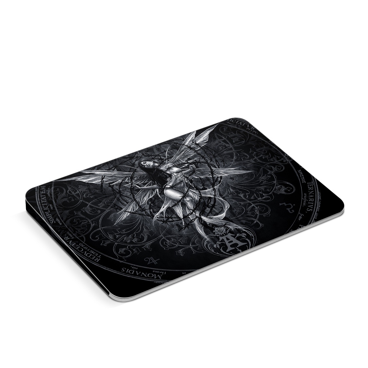 Apple Magic Trackpad Skin design of Illustration, Graphic design, Darkness, Fictional character, Black-and-white, Pattern, Graphics, Mythical creature, Circle, Wing, with black, white colors
