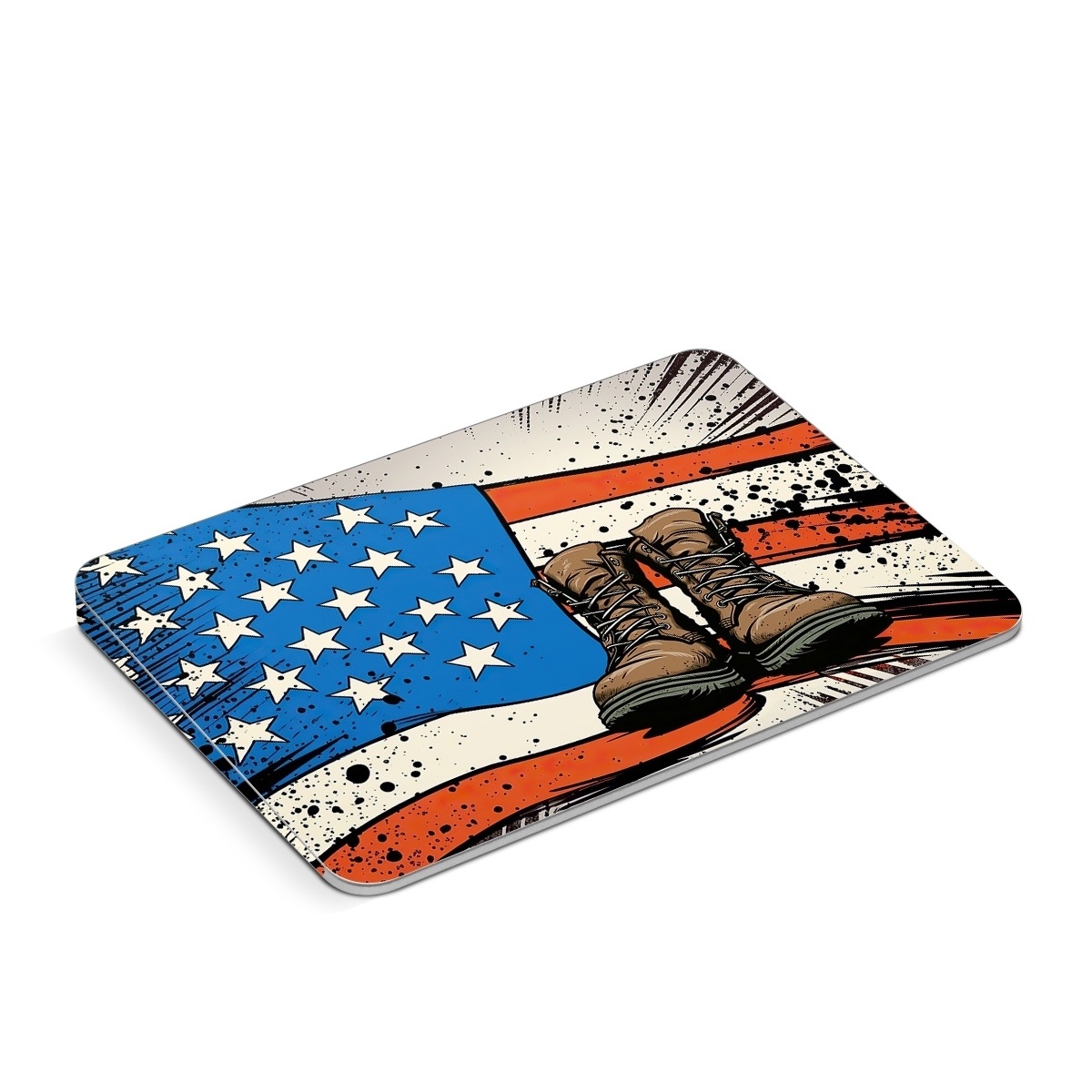 Apple Magic Trackpad Skin design of Footwear, Shoe, Walking shoe, Outdoor shoe, Line, Flag of the united states, Sneakers, Font, Art, Human leg, with red, blue, white, black, brown, gray colors