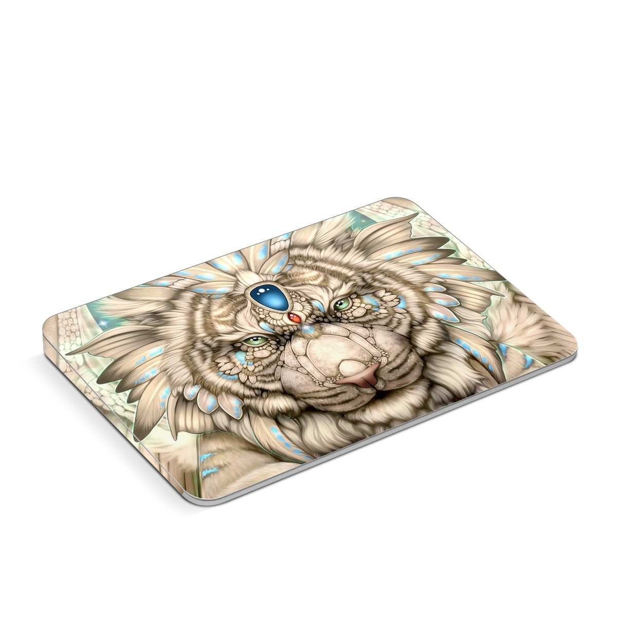 Apple Magic Trackpad Skin design of Mythical creature, Sleeve, Textile, Gesture, Felidae, Tattoo, Big cats, Font, Temporary tattoo, Painting, with white, blue, black, gray colors