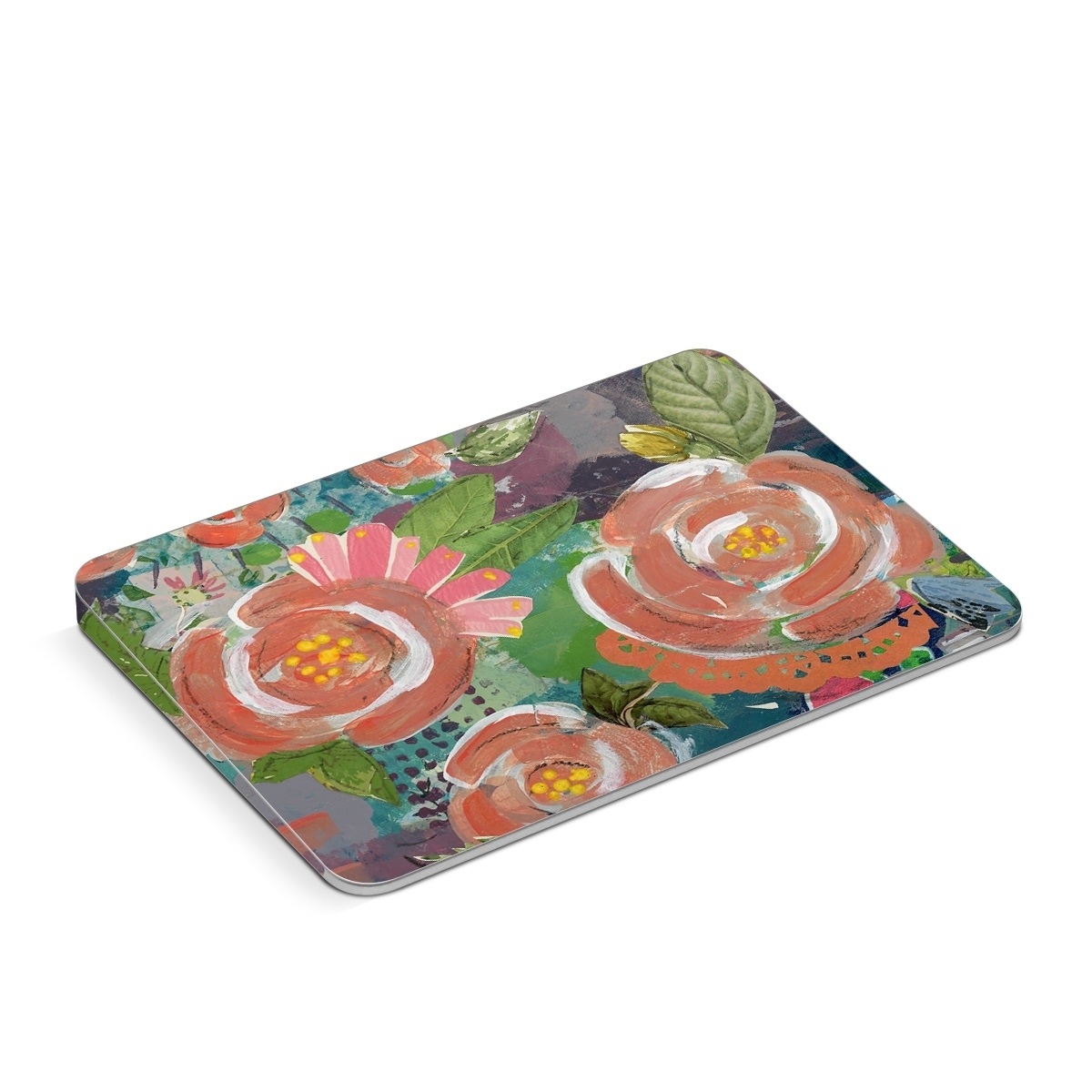 Apple Magic Trackpad Skin design of Painting, Watercolor paint, Still life, Child art, Art, Illustration, Acrylic paint, Flower, Visual arts, Textile, with green, pink, red, yellow, blue, white, black, gray colors